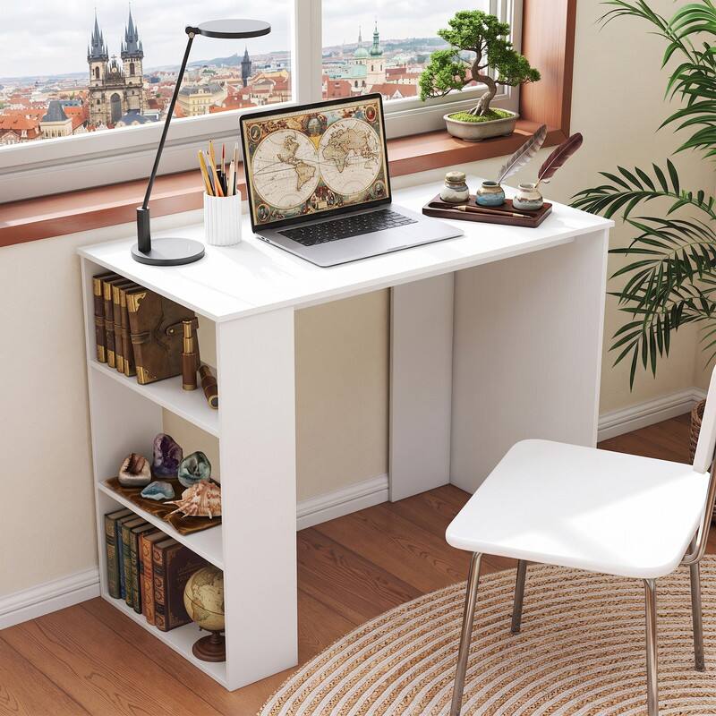 Front. WELLFOR - 35.5" Modern Computer Desk with Bookshelf,Home Office Desk Study Desk Writing Desk for Small Space - White.