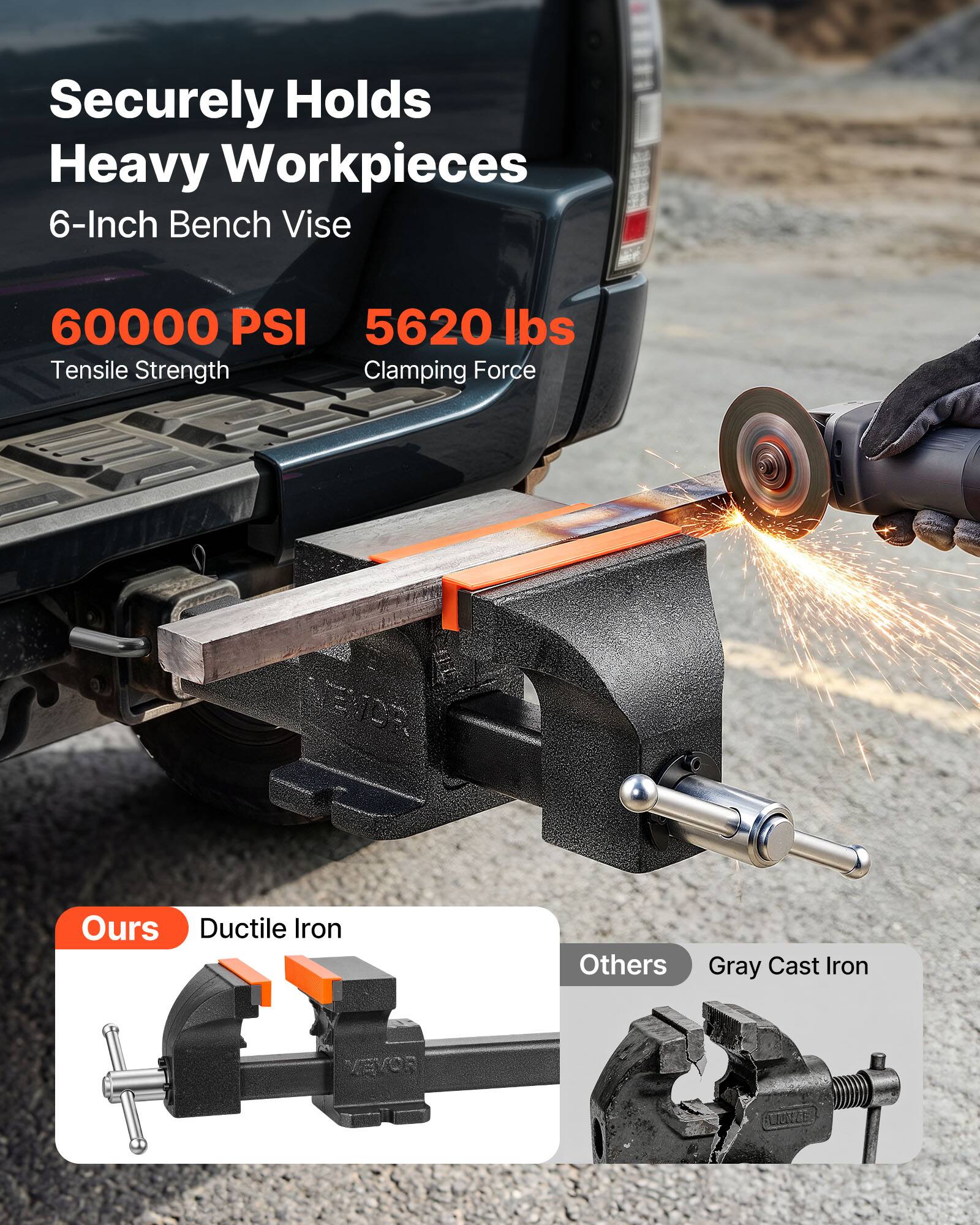 Securely Holds Heavy Workpieces  
6-Inch Bench Vise  
60000 PSI Tensile Strength  
5620 lbs Clamping Force  

Ours: Ductile Iron  
Others: Gray Cast Iron