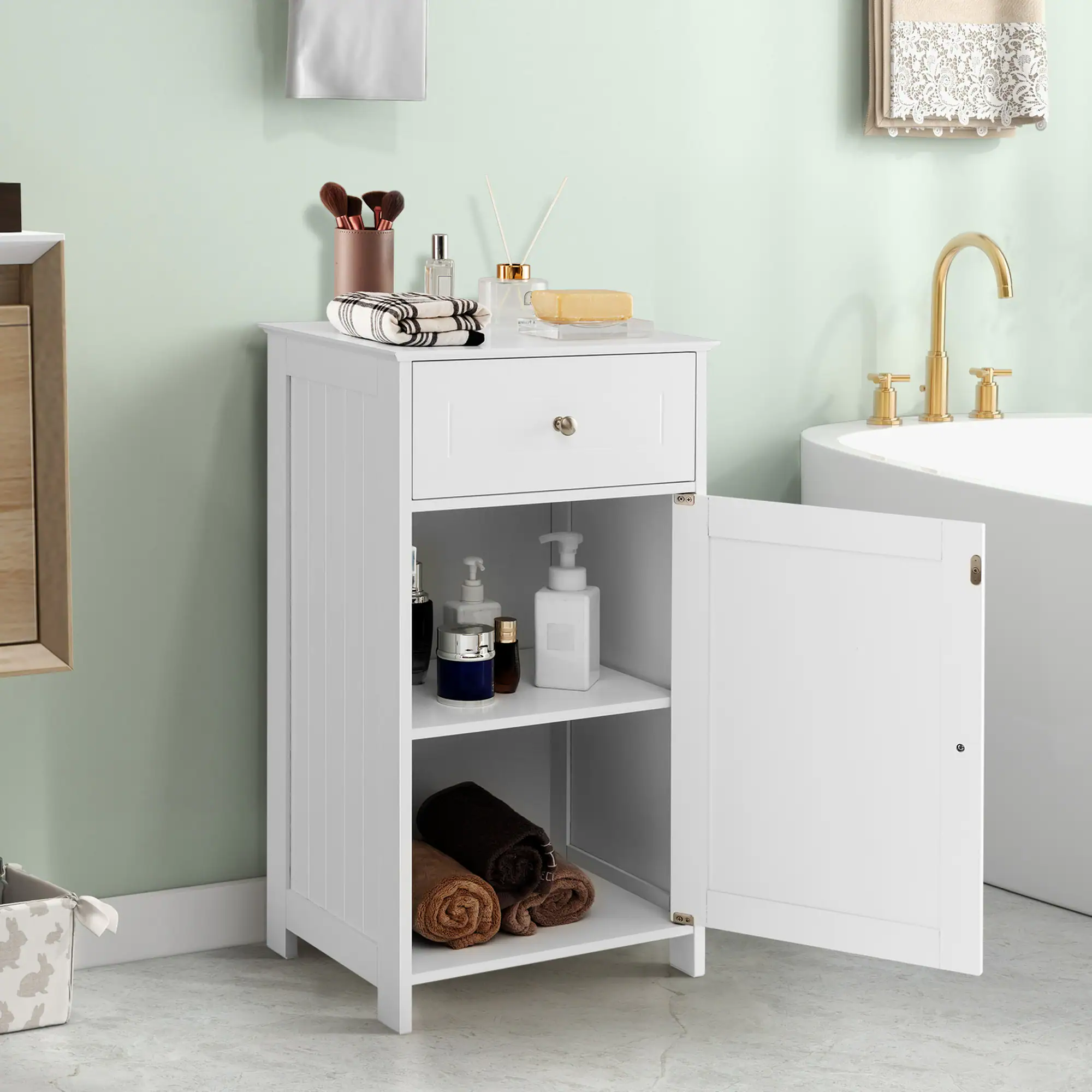 Alt View 1. Costway - Costway Floor Storage Cabinet Bathroom Organizer Cupboard Drawer Shelf Bath Towel White - White.