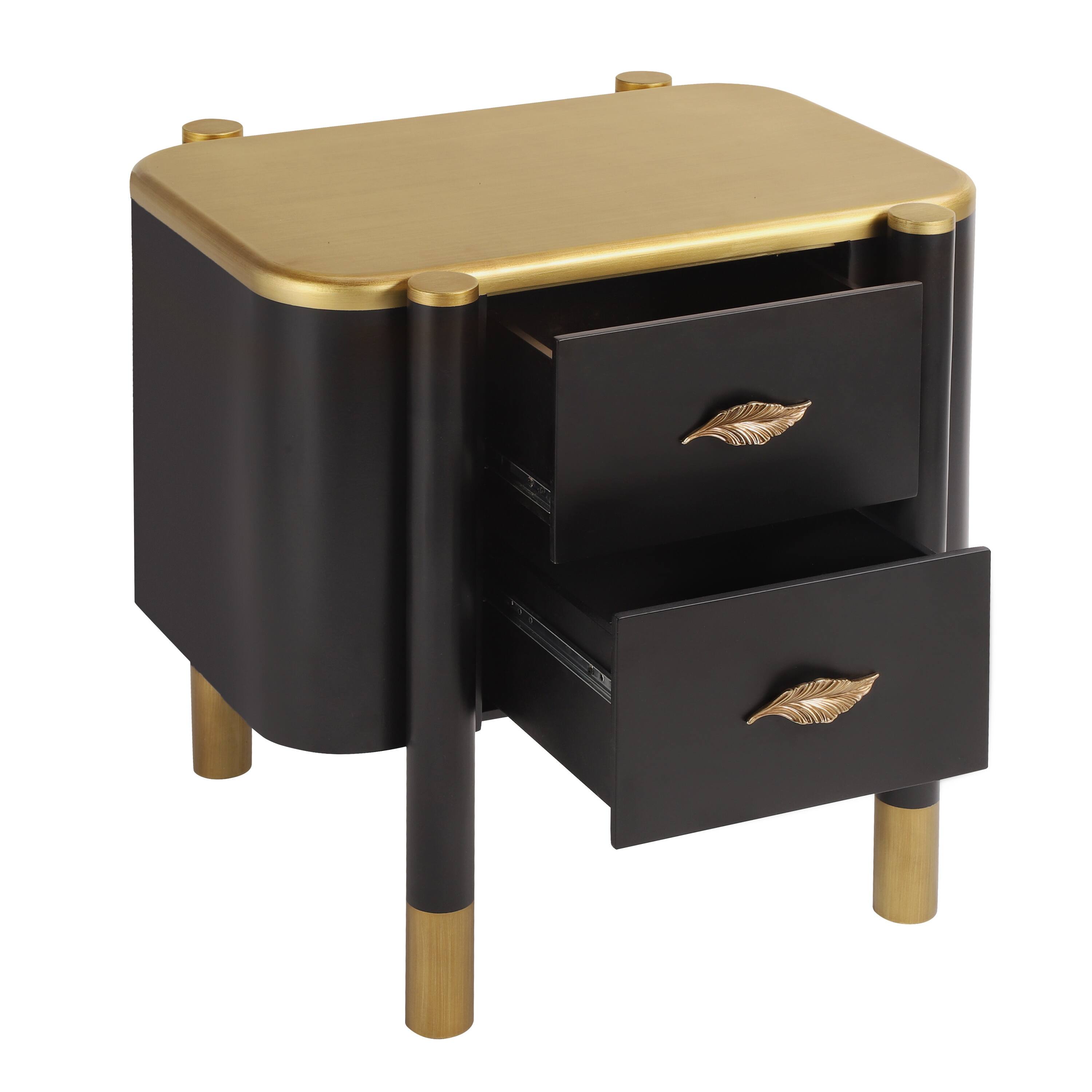 Back. Whisen - 2-Drawer Nightstand with Curved Profile,Bedside Table with Feather-Shaped Handles and High Legs - Black.