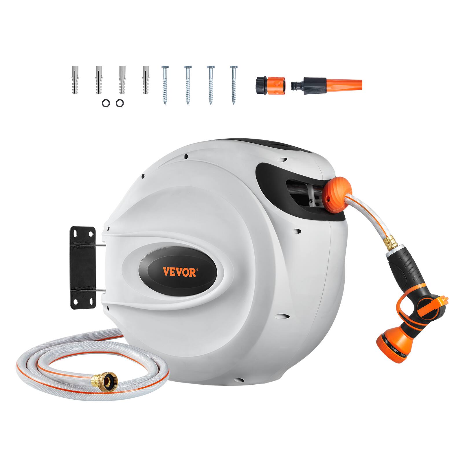 Alt View 5. VEVOR - Retractable Hose Reel, 100 ft x 1/2 inch, 180° Swivel Bracket Wall-Mounted, Garden Water Hose Reel with 9-Pattern Nozzle - Grey.