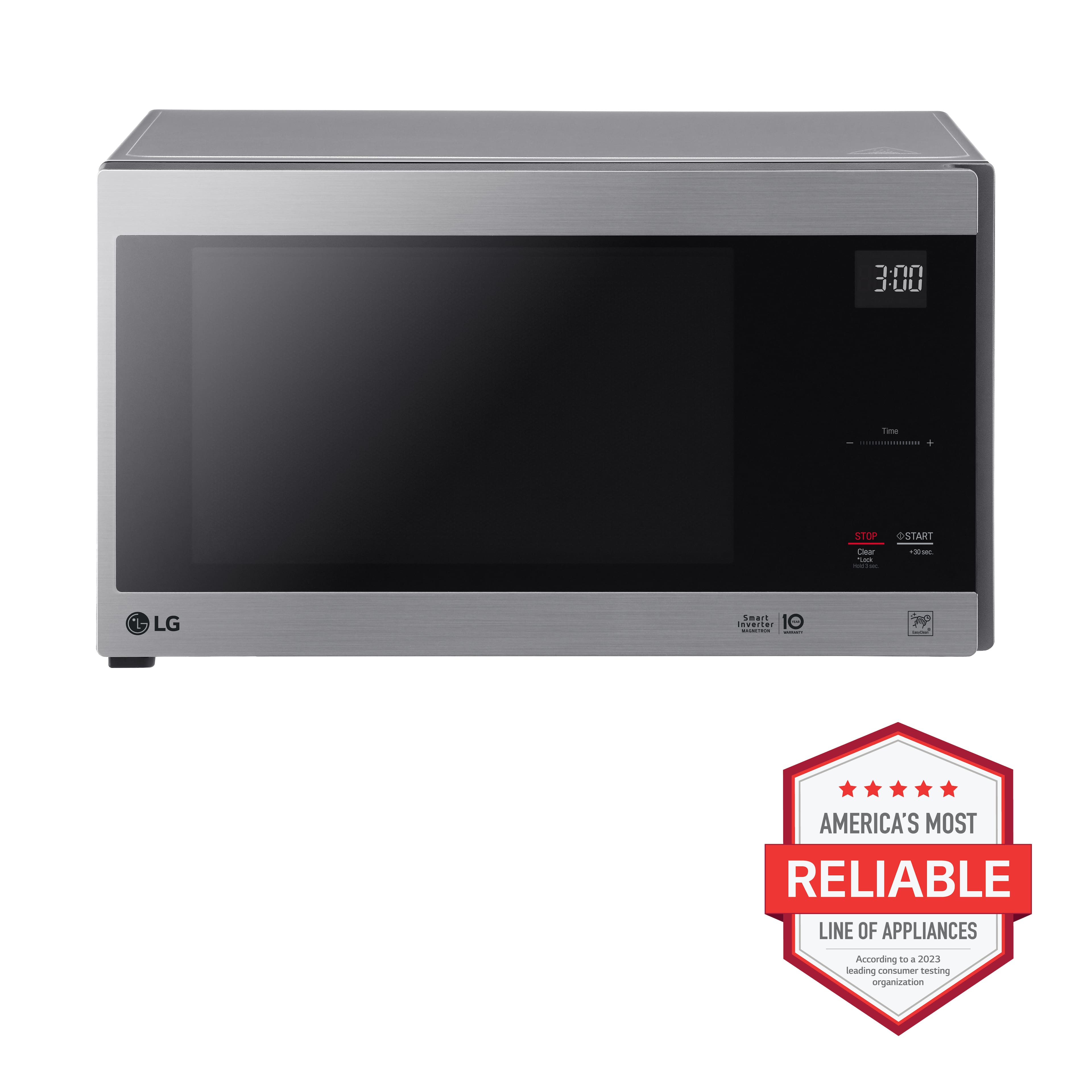 The image features a silver LG microwave with a black screen. The microwave is sitting on a counter, and it has a sticker on the front that reads "America's Most Reliable Line of Appliances." The microwave is also labeled with the number 38.