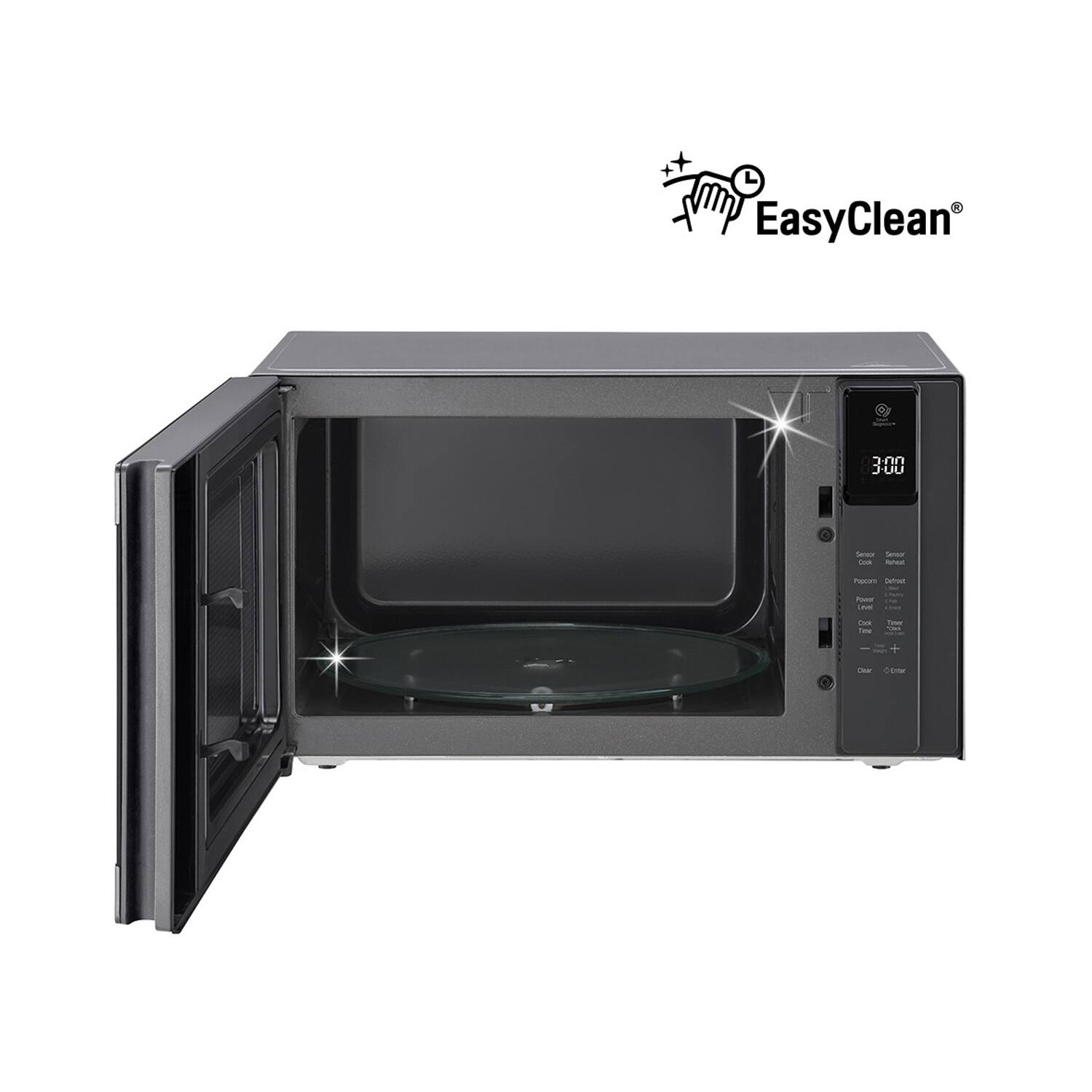 The microwave is black and silver in color.