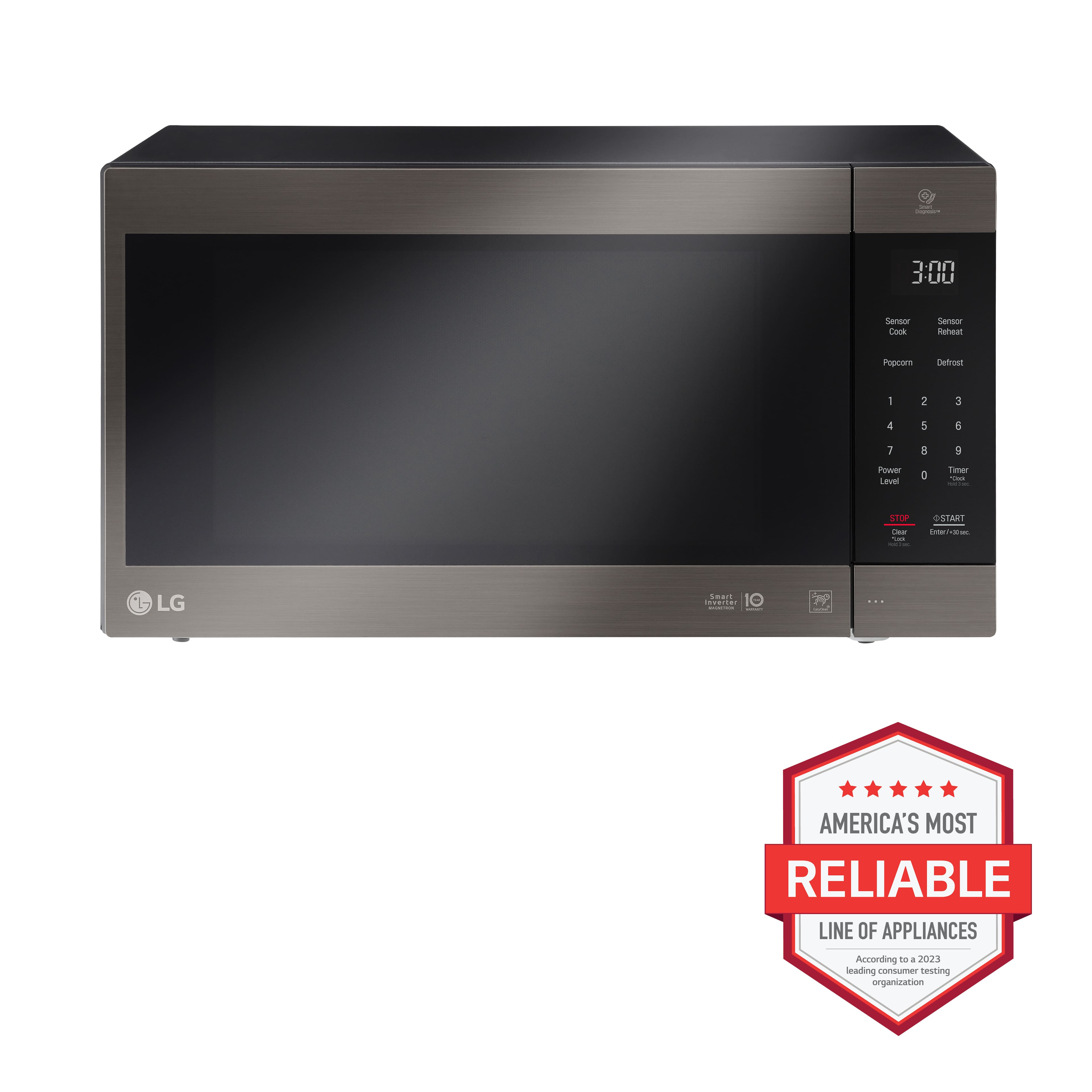 The image features a silver LG microwave oven with a stainless steel finish. It is a 300-watt microwave that comes with a sensor cooking function, making it a versatile and convenient appliance for various cooking needs. The microwave is designed with a defrost function and a popcorn reheat feature, which adds to its practicality. The LG brand is known for its reliability, as evidenced by the "America's Most Reliable Line of Appliances" award it received in 2023.
