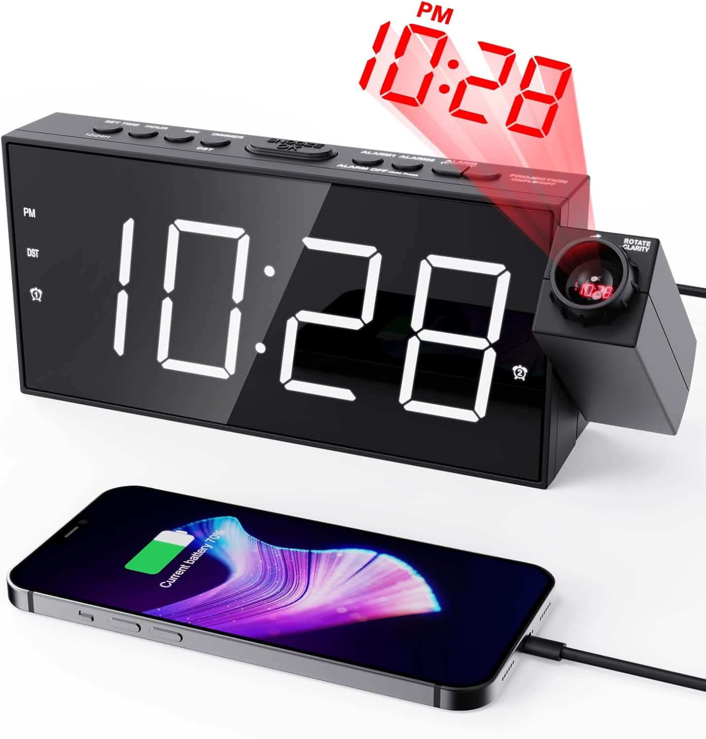 Stamp n Camp - OnLyee Projection Alarm Clock for Bedroom, LED Digital on Ceiling Wall with USB Phone Charging, Battery Backup, 180° - Red