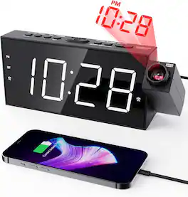 Stamp n Camp - OnLyee Projection Alarm Clock for Bedroom, LED Digital on Ceiling Wall with USB Phone Charging, Battery Backup, 180° - Red