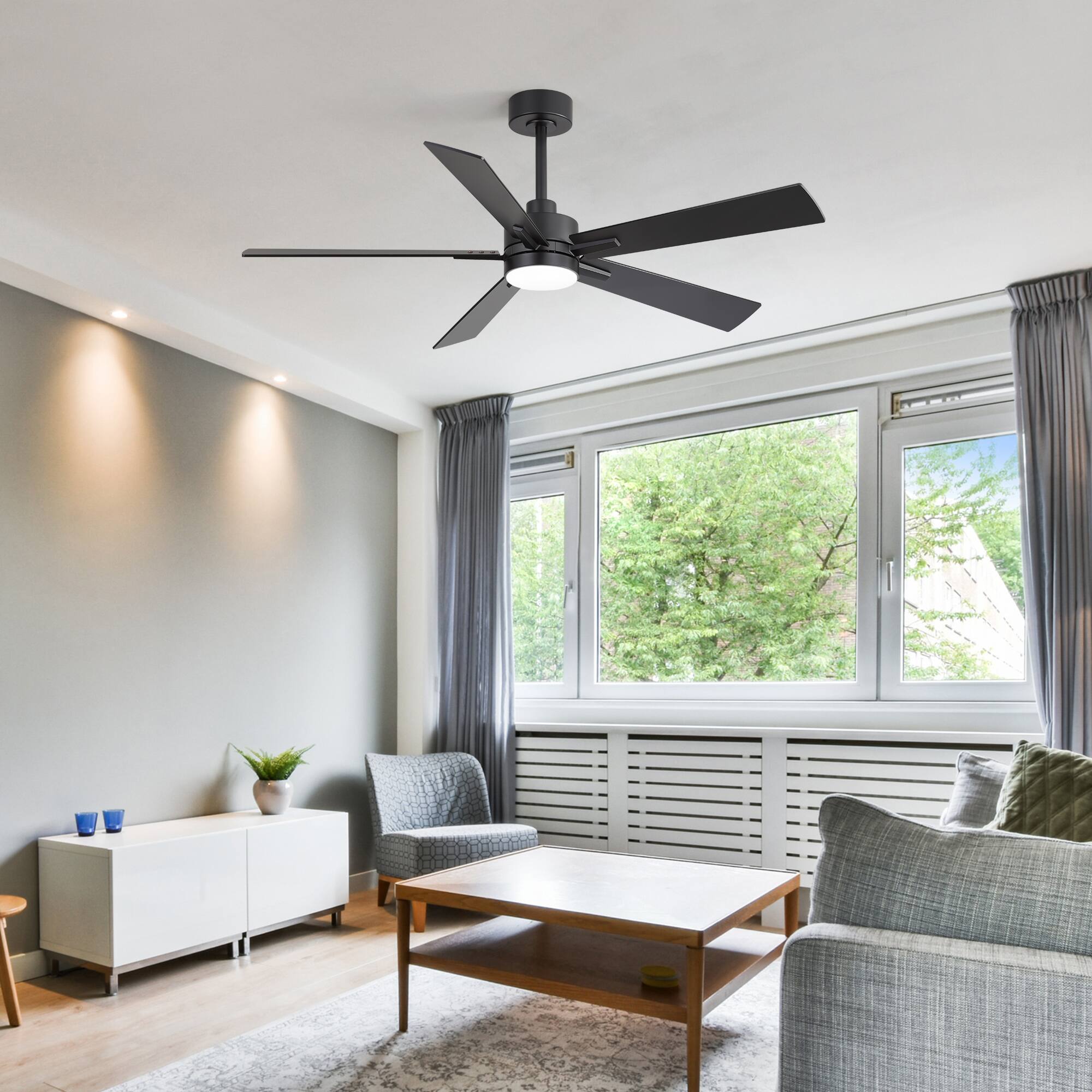 Alt View 1. Breezary - 52-Inch Ceiling Fan with LED Light, 5 Plywood Blades, Remote Control, DC Motor, Includes 5" & 10" Downrods - Black.