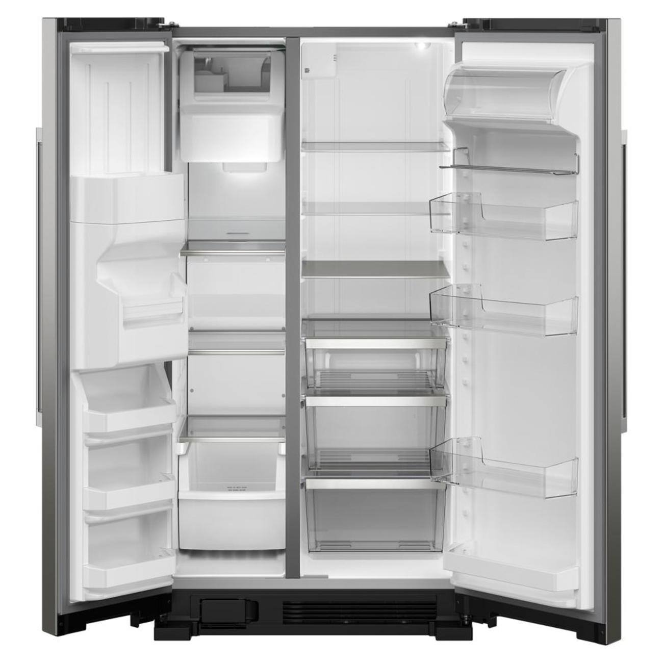 Left. Maytag - 36 in. Wide 25 cu. ft. Side-by-Side Refrigerator with Gallon Door Bins - Fingerprint Resistant Stainless Finish.