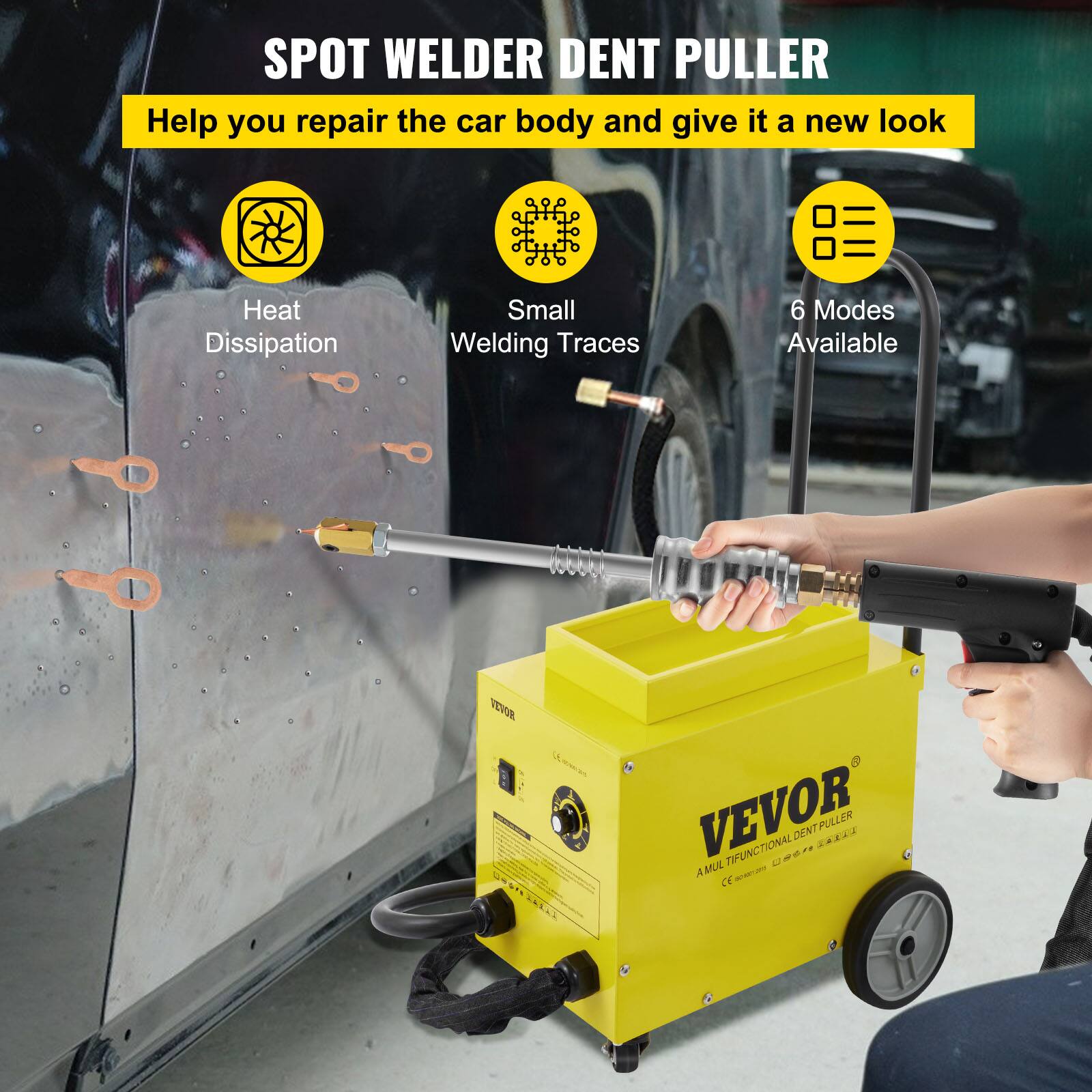 SPOT WELDER DENT PULLER  
Help you repair the car body and give it a new look  
Heat Dissipation  
Small Welding Traces  
6 Modes Available  

VEVOR  
AMUL TIFUNCTIONAL DENT PULLER