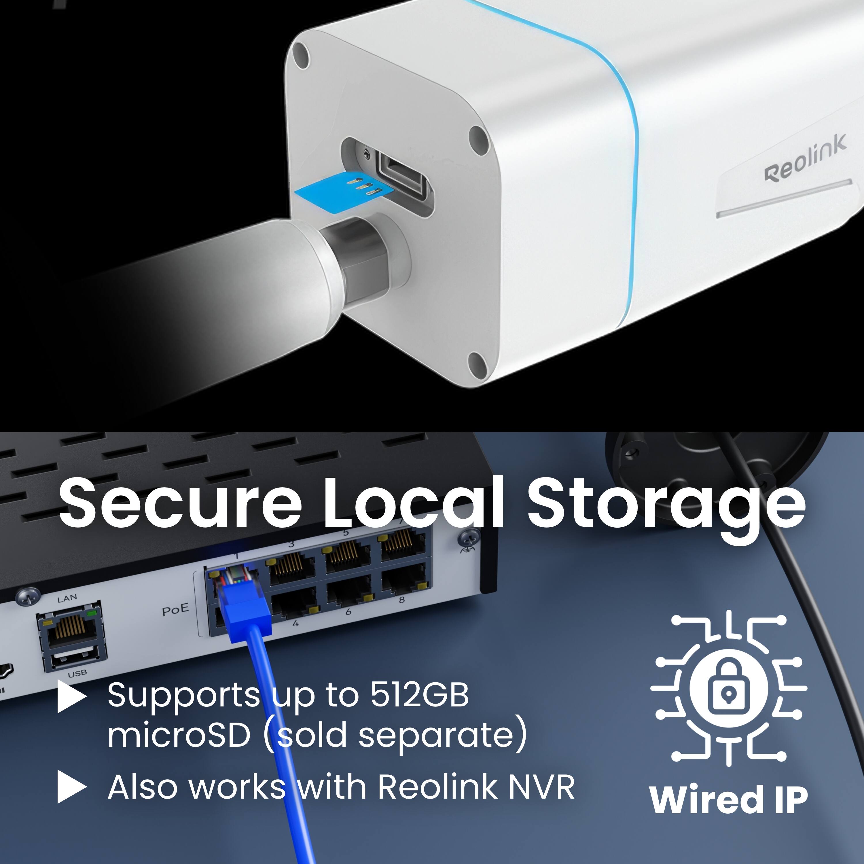 111 Reolink Secure Local Storage LAN POE a LKSLES Supports up to 512GB microSD (sold separate) Also works with Reolink NVR Wired IP