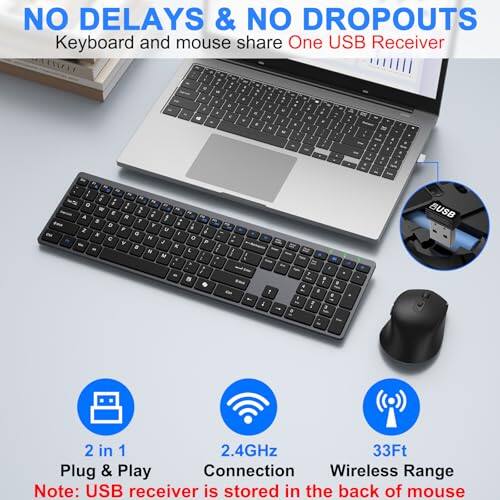 NO DELAYS & NO DROPOUTS  
Keyboard and mouse share One USB Receiver  

2 in 1  
Plug & Play  

2.4GHz  
Connection  

33Ft  
Wireless Range  

Note: USB receiver is stored in the back of mouse