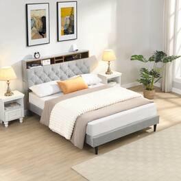 GOODSILO - Queen-Size Upholstered Platform Bed Frame with Modern Button-Tufted Headboard and USB Charging Ports - Light Gray