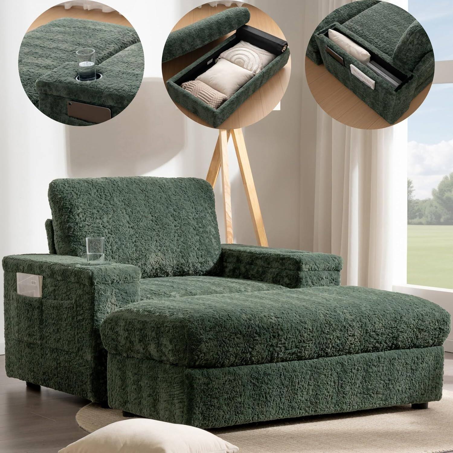 Alt View 2. Trinkets Crazed - Oversized Chaise Lounge Indoor,Faux Rabbit Fur Sofa Bed with Storage Ottoman and Armrests,Cup Holder - green.