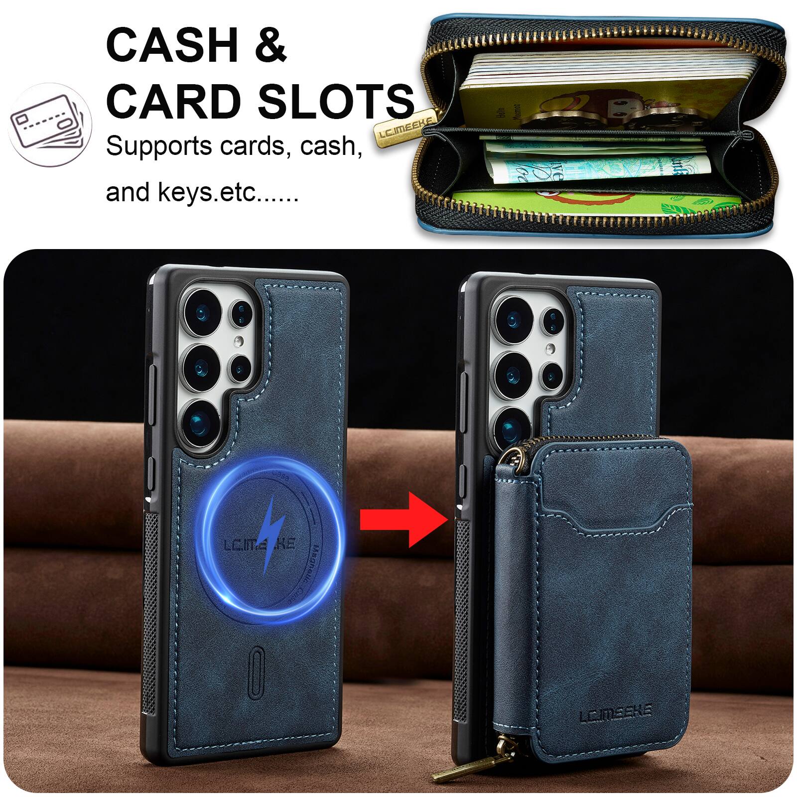 CASH & CARD SLOTS  
Supports cards, cash, and keys, etc.....