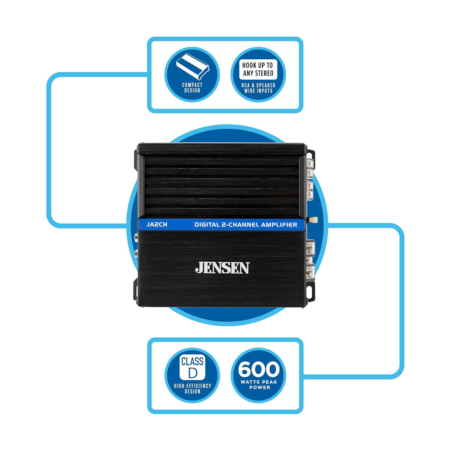 - Hook up to any stereo with RCA & speaker wire inputs
- Compact design
- Digital 2-channel amplifier
- Class D high-efficiency design
- 600 watts peak power