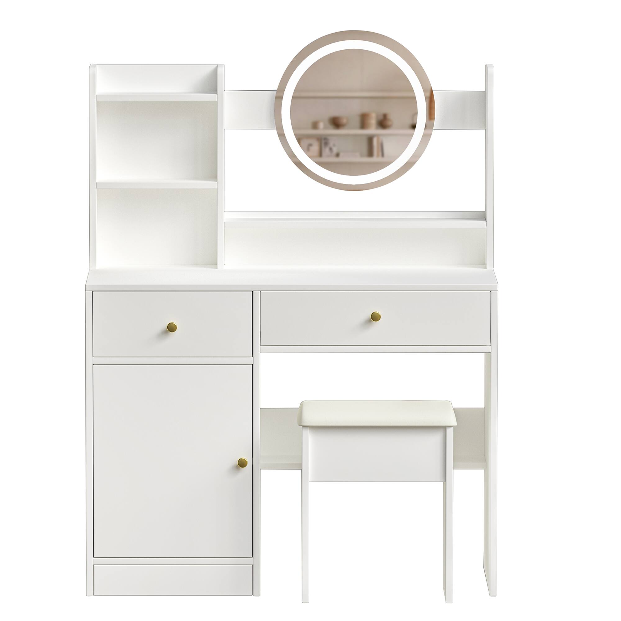 Back. Lirago - White Wood Dresser Table Desk with Mirror and Lights Dressing Table for Makeup 35.4" W x 15.7" D x 52" H - White.