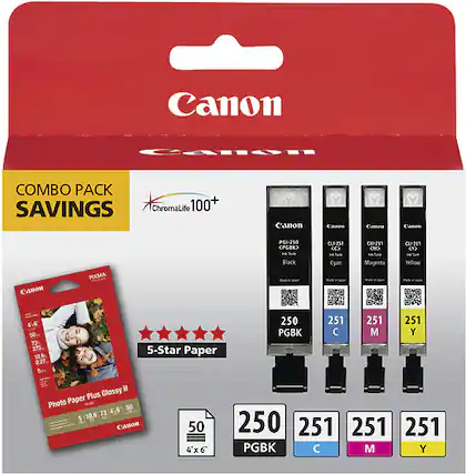 Front. Canon - 250/251 4-Pack Standard Capacity Ink Cartridges + Photo Paper - Black/Cyan/Magenta/Yellow.