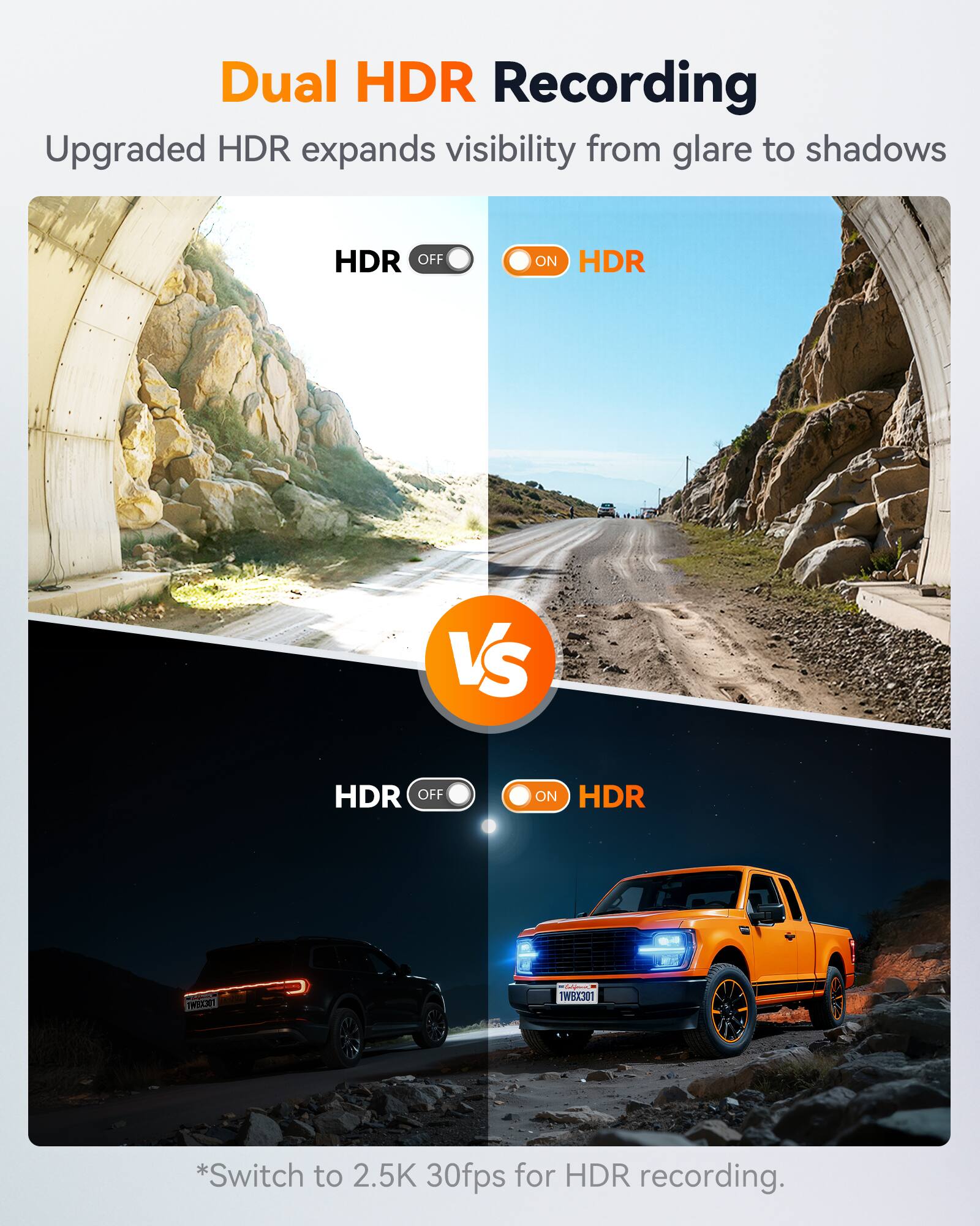 Dual HDR Recording  
Upgraded HDR expands visibility from glare to shadows  

HDR OFF vs HDR ON  

*Switch to 2.5K 30fps for HDR recording.