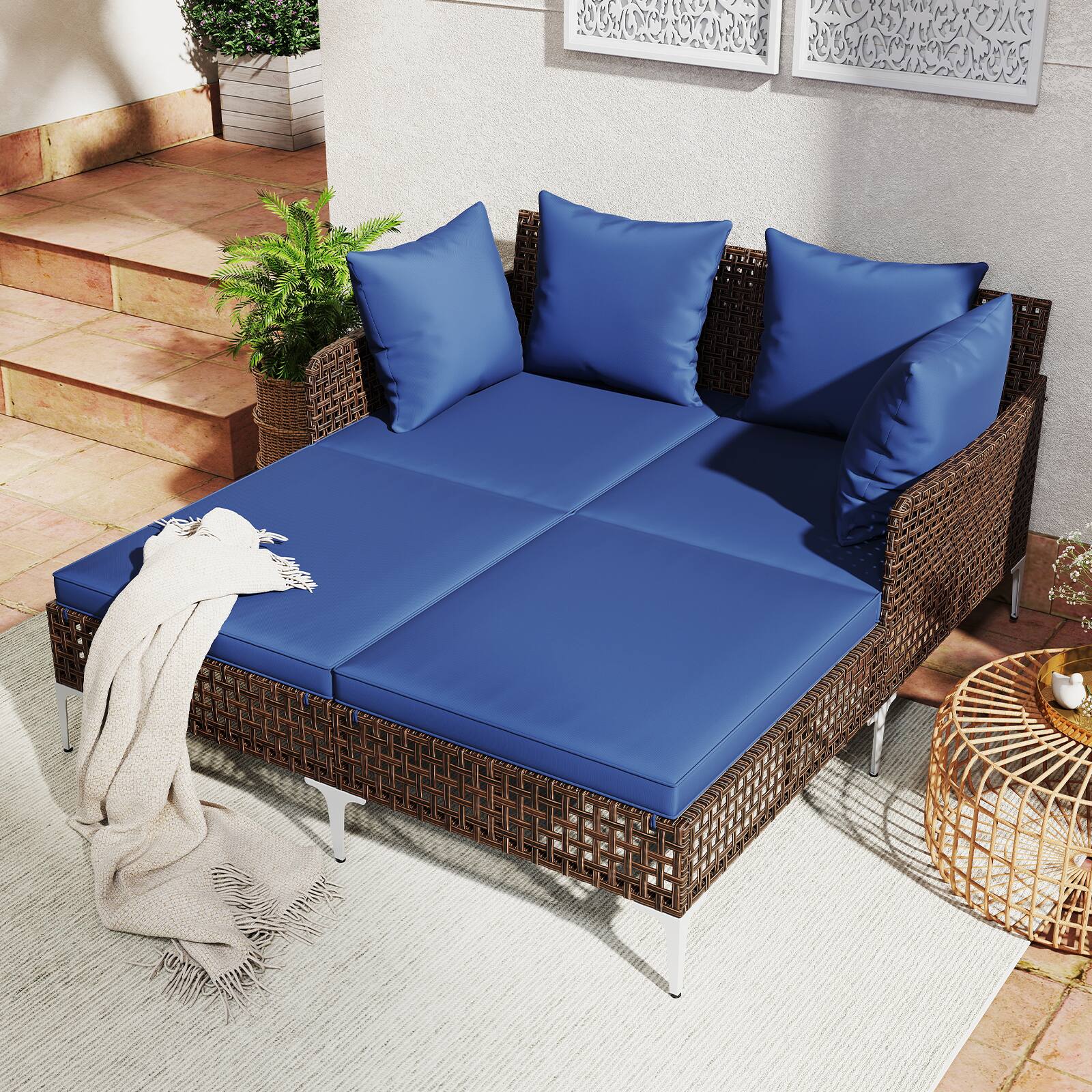 Alt View 1. SlickBlue - Rattan Double Daybed with Wicker Frame, Perfect for Outdoor Lounging - Navy.