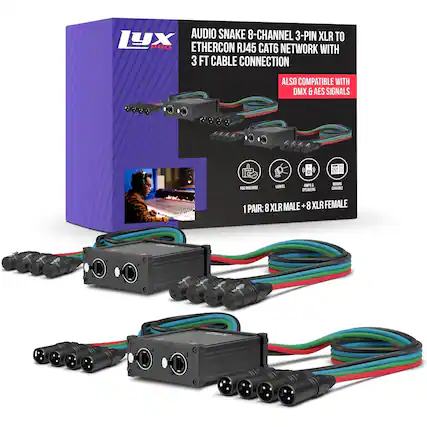 AUDIO SNAKE 8-CHANNEL 3-PIN XLR TO ETHERCON RJ45 CAT6 NETWORK WITH 3 FT CABLE CONNECTION ALSO COMPATIBLE WITH DMX & AES SIGNALS
1 PAIR: 8 XLR MALE + 8 XLR FEMALE