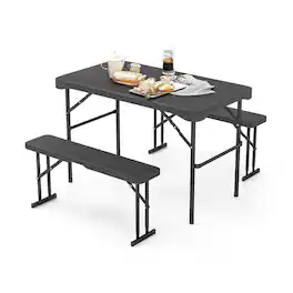 Kadyn - Patio Dining Sets, Patio Furniture Sets, Outdoor Folding Table Bench Set w All-Weather HDPE Tabletop and Sturdy Metal Fr - Black