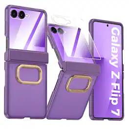 Dteck - Rugged Case for Samsung Galaxy Z Flip7 with Ring Kickstand, Translucent Hinge Protective Cover Built-in Screen Protector - Purple
