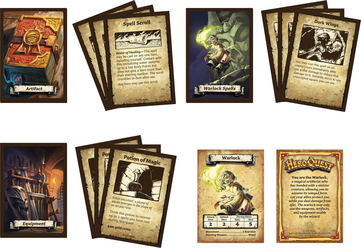 Spell Scroll: Dark Wings  
Artifact of Healing - This spell Water cast on any one hero, may be with yourself. Contact including restores revitalizing water this but lost Body Points up to 4 than hero more does not give The scroll their starting number. dust after use. crumbles to use this scroll. Any hero may Warlock Spells You may cast this enemy turn spell an you suffer immediately damage to after damage to 0. reduce that unoccupied Instantly move to square you can any see.  

Potion of Magic - When uncorked, smoke plume of an arcane emerges in the rune. shape of Drink this up to potion to recover during spells you have this quest. cast 400 gold coins  

Warlock  
Attack: 2  
Defend: 2  
Body: 4  
Mind: 5  
Movement: Red Dice  
Starting Weapon: Wand  

You are the Warlock, a magical artillery who has bonded with a sinister creature, allowing you to assume its winged form. Let your allies protect you while you deal damage from afar. The warlock may only use the weapons, artifacts, and equipment usable by the wizard.