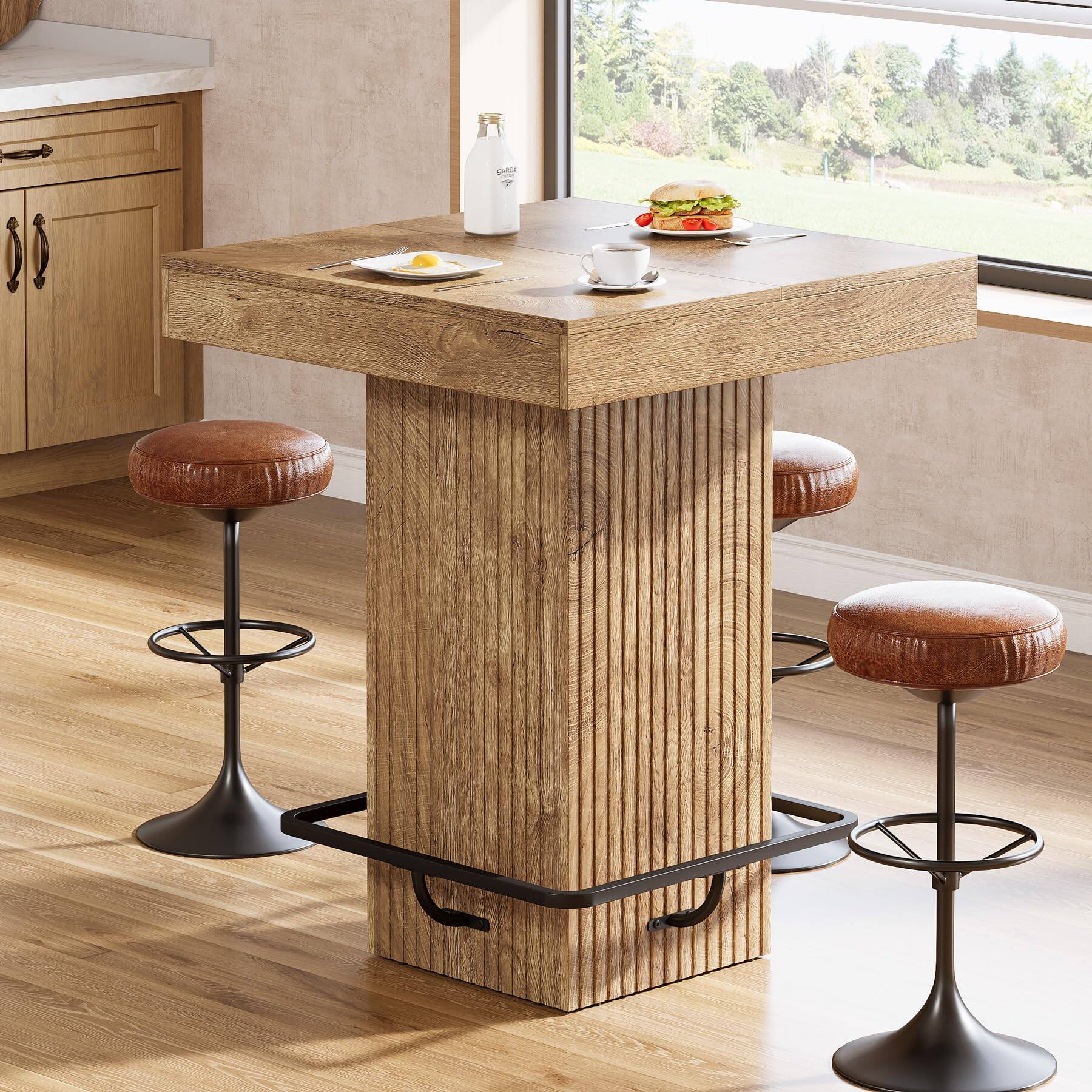 Left. Tribesigns - 31.5-Inch Square Bar Table with Footrest and Raised Countertop for Kitchen or Home Bar - Natural.