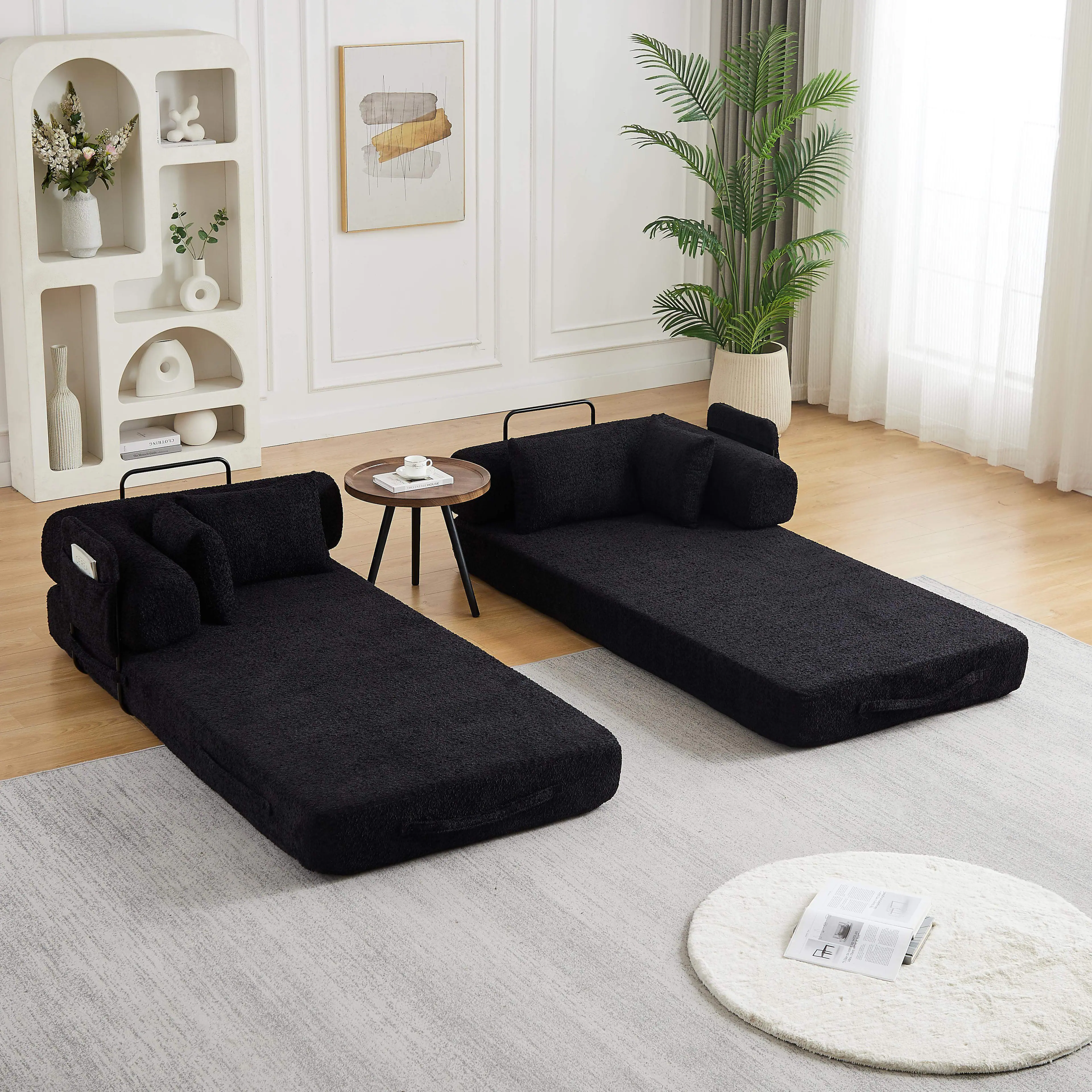 Left. Roomtec - 78.7Inch Convertible Sleeper Sofa Bed with Cylindrical Pillow Chenille Folding Mattress Couch with Folding Sofa Bed - Black.