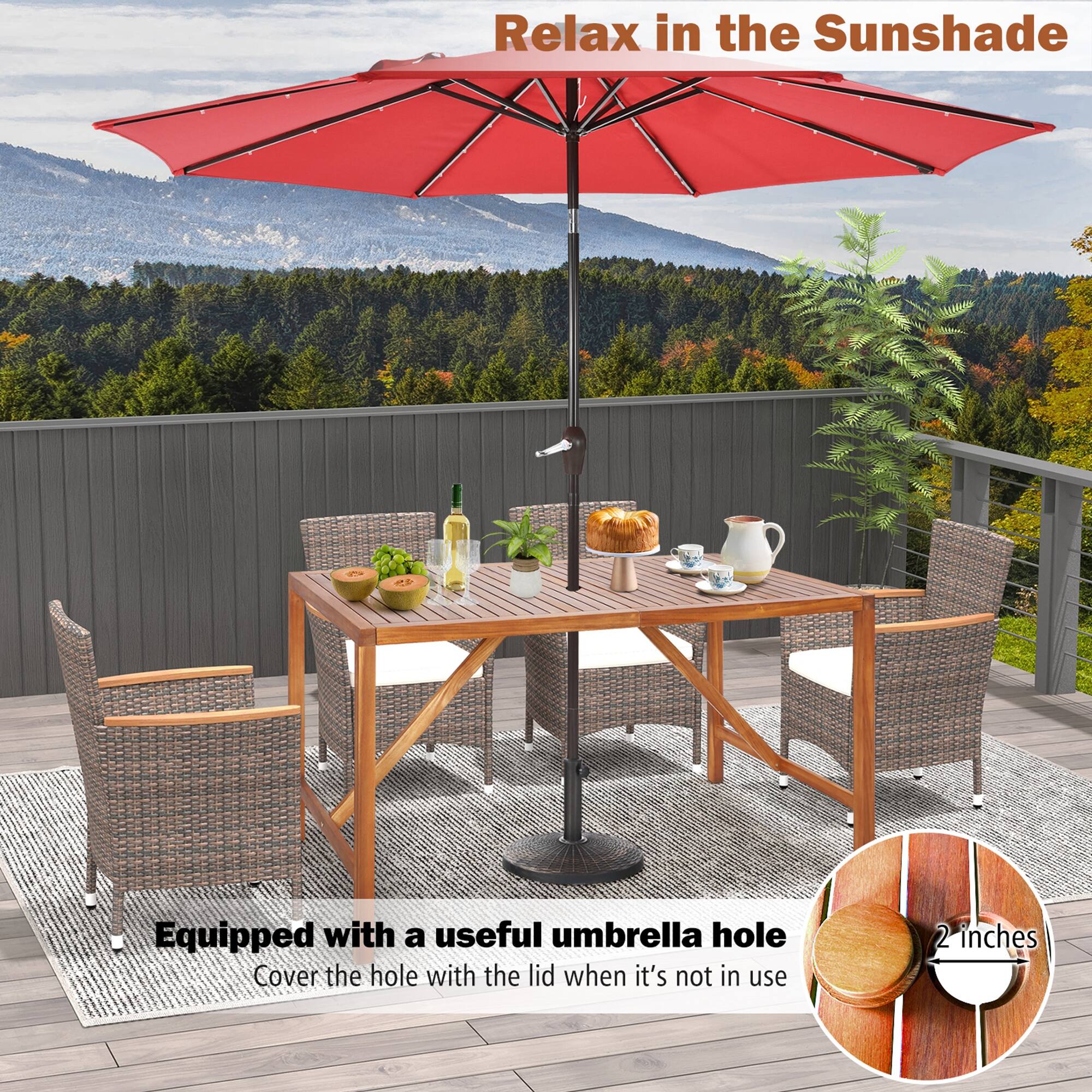 Relax in the Sunshade
Equipped with a useful umbrella hole
Cover the hole with the lid when it's not in use
2 inches