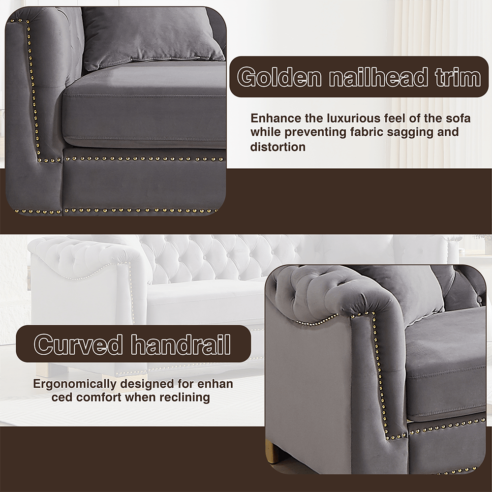 Golden nailhead trim  
Enhance the luxurious feel of the sofa while preventing fabric sagging and distortion  

Curved handrail  
Ergonomically designed for enhanced comfort when reclining