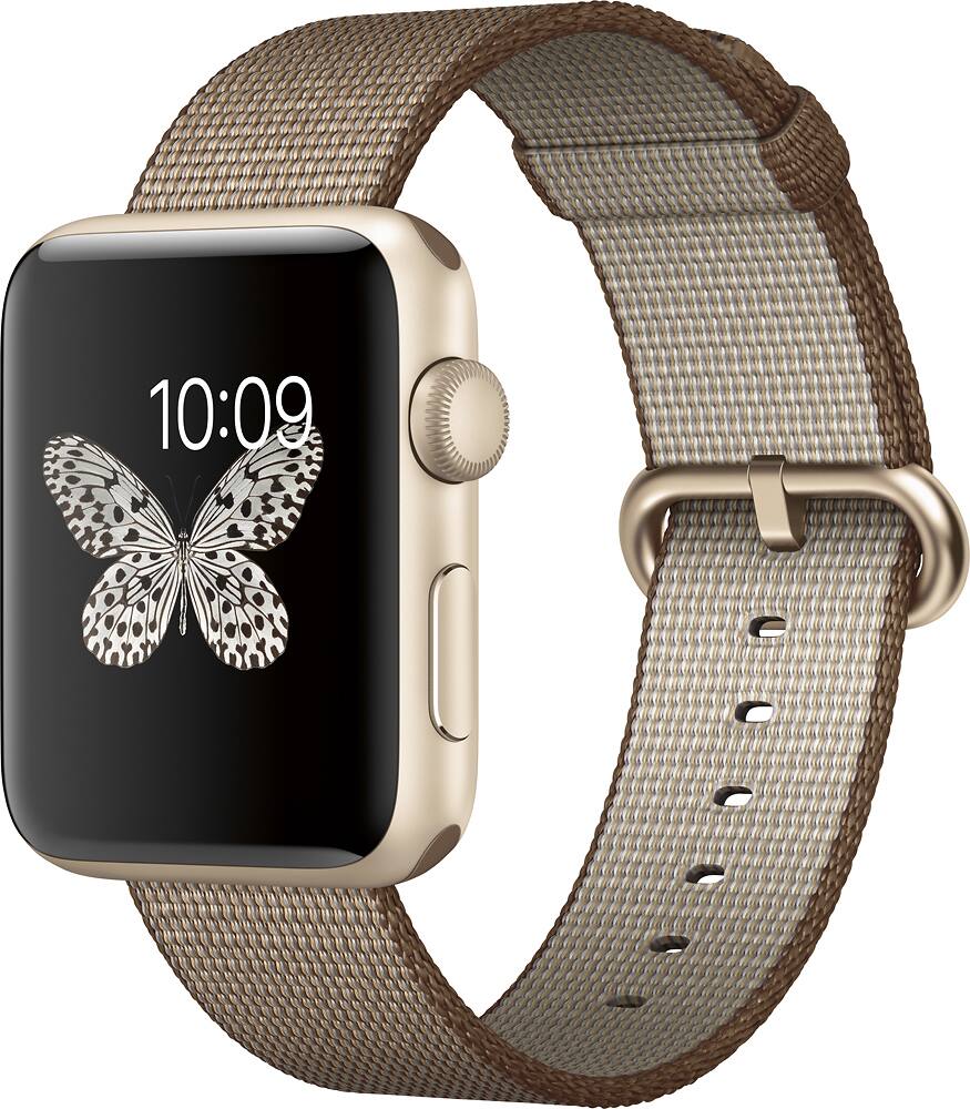 Front. Apple - Geek Squad Certified Refurbished Apple Watch Series 2 42mm Gold Aluminum Case Toasted Coffee/Caramel Woven Nylon Band - Gold Aluminum.