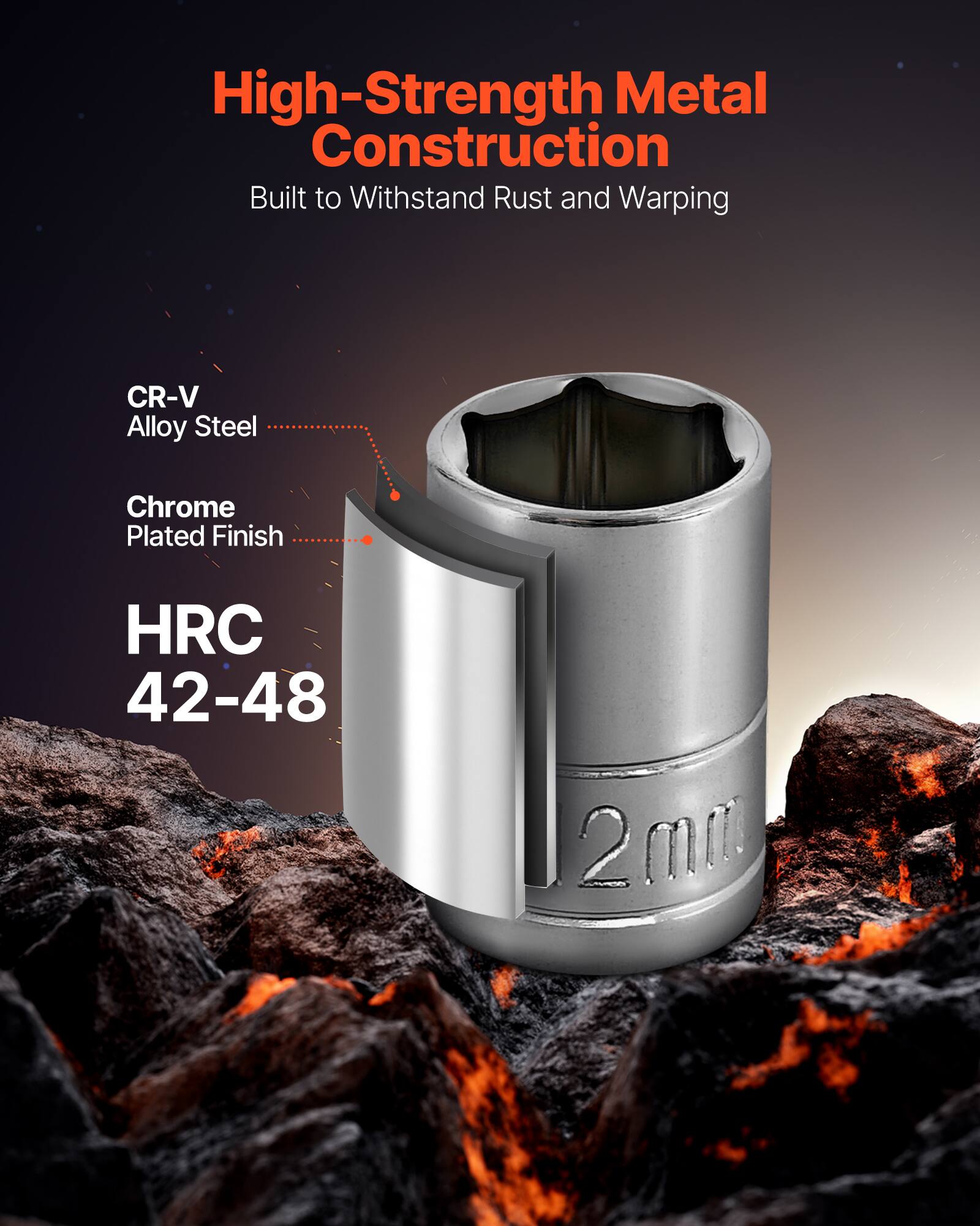 High-Strength Metal Construction  
Built to Withstand Rust and Warping  

CR-V Alloy Steel  
Chrome Plated Finish  
HRC 42-48  
2mm