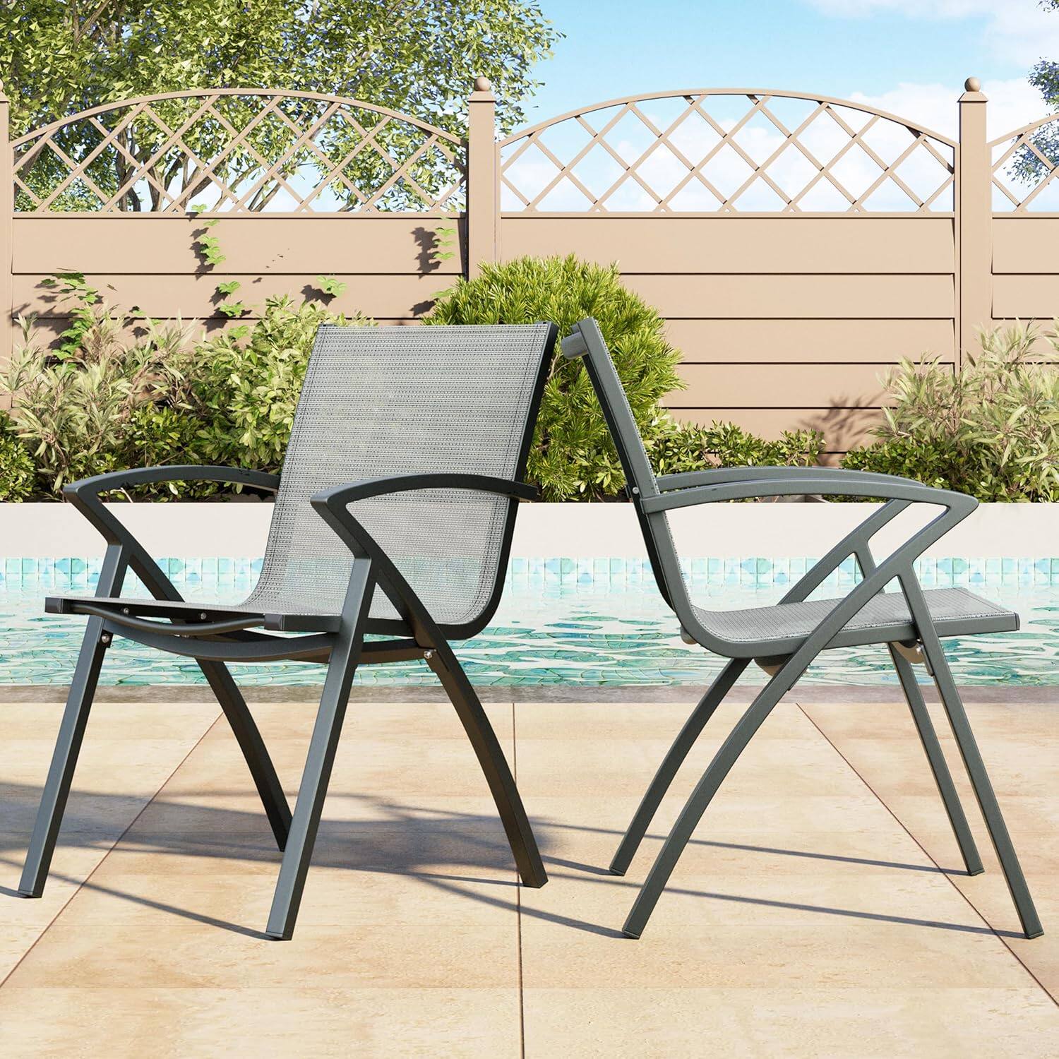 Front. Acekool - Set of 2 Aluminum Patio Chairs, Adjustable 100° Sling Back, Extra Wide Outdoor Dining Chairs, Lightweight Frame, Gray - Gray.