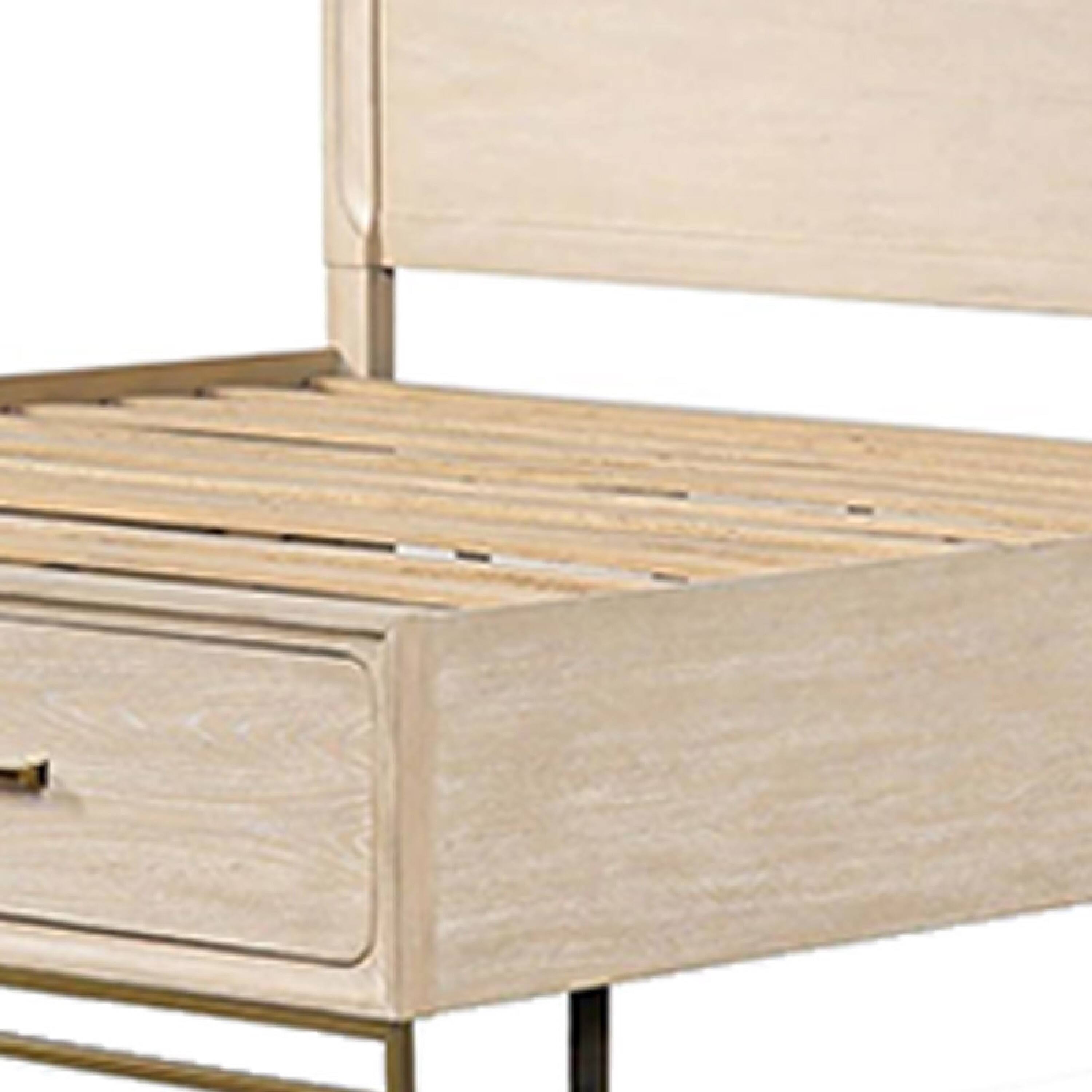 Alt View 1. Manhattan Lane - Rozie Queen Bed, Footboard Storage Drawers, Light Oak Brown Solid Wood - Light Oak Brown, Gold.