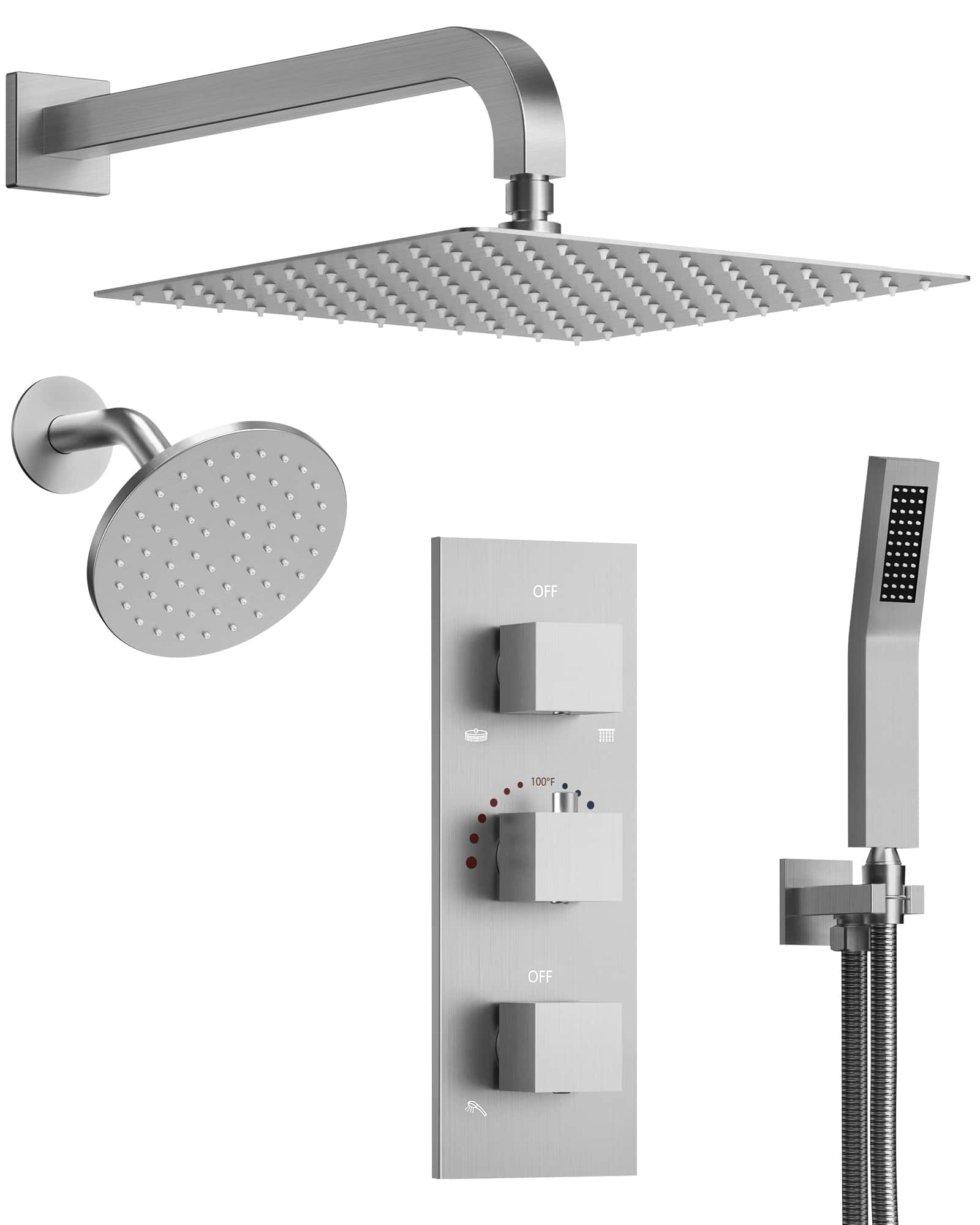 GRANDJOY - Thermostatic Dual Shower Faucet Kit with 10" Overhead Rain Shower and 59" Stainless Hose Handheld Shower Head - Brushed Nickel