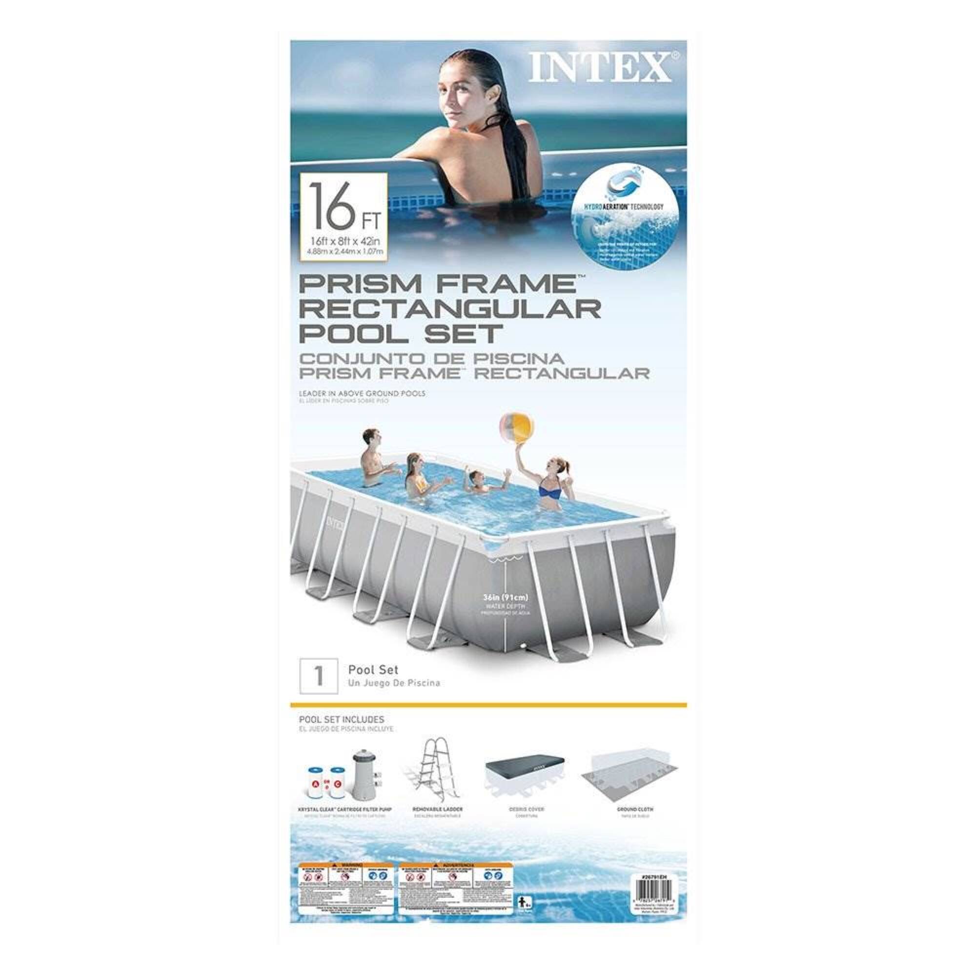 INTEX 16 FT PRISM FRAME RECTANGULAR POOL SET  
CONJUNTO DE PISCINA PRISM FRAME RECTANGULAR  
LEADER IN ABOVE GROUND POOLS  

16 FT x 8 FT x 42 IN  
4.89m x 2.44m x 1.07m  

1 Pool Set  
Un Juego De Piscina  

POOL SET INCLUDES  
- 16 FT x 8 FT x 42 IN POOL  
- 1 Pool Ladder  
- 1 Pool Cover  
- 1 Pool Pump  

HYDRA-CELL TECHNOLOGY