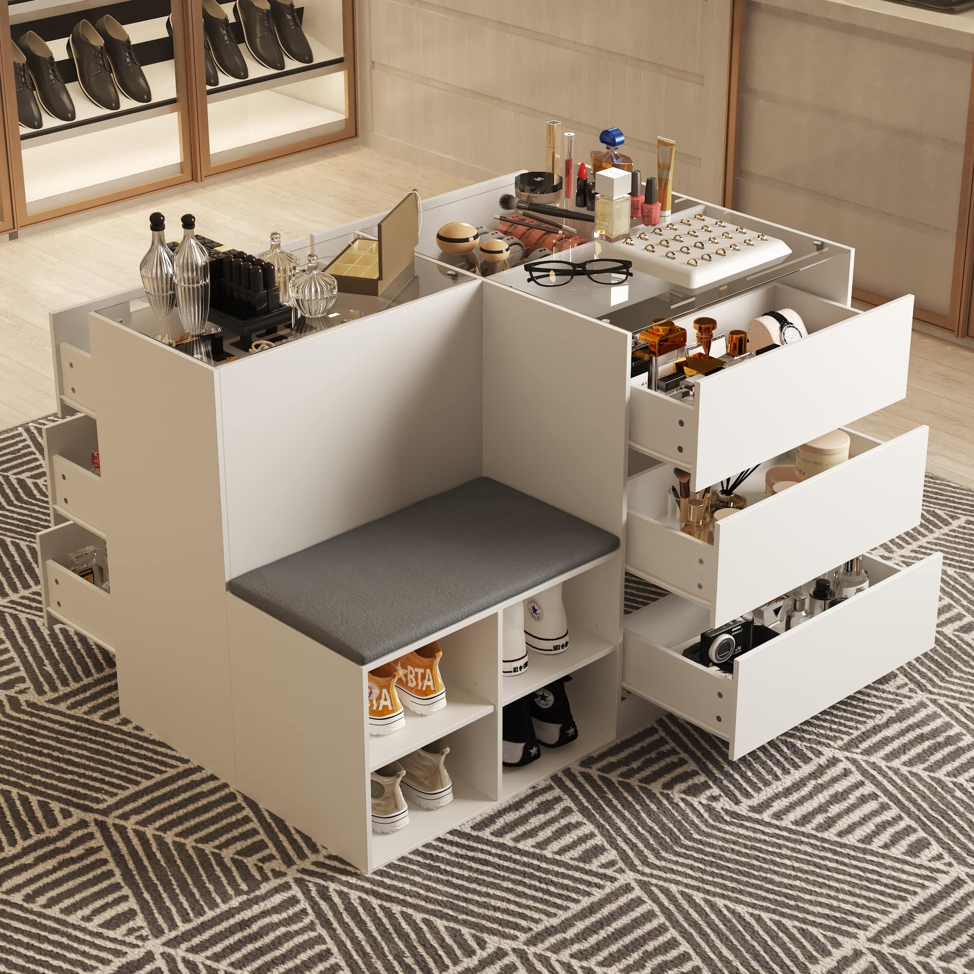 小物入れ fufufu FUFU & GAGA Entryway Shoe Bench with Storage Drawers and Display