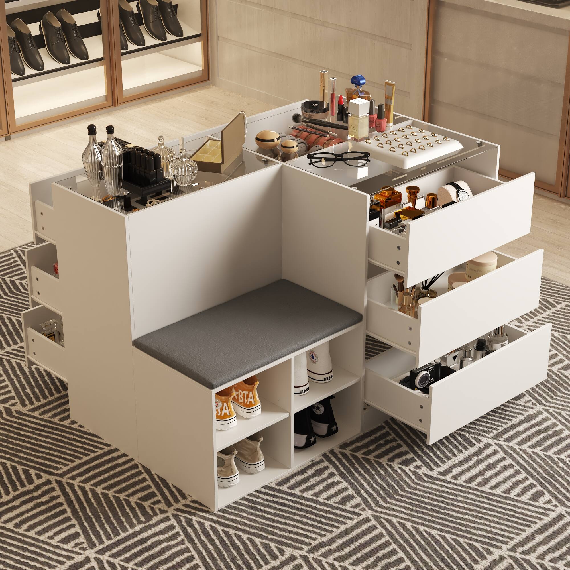 Back. FUFU & GAGA - Entryway Shoe Bench with Storage Drawers and Display Shelf Multifunctional Organizer for Living Room or Closet - White.