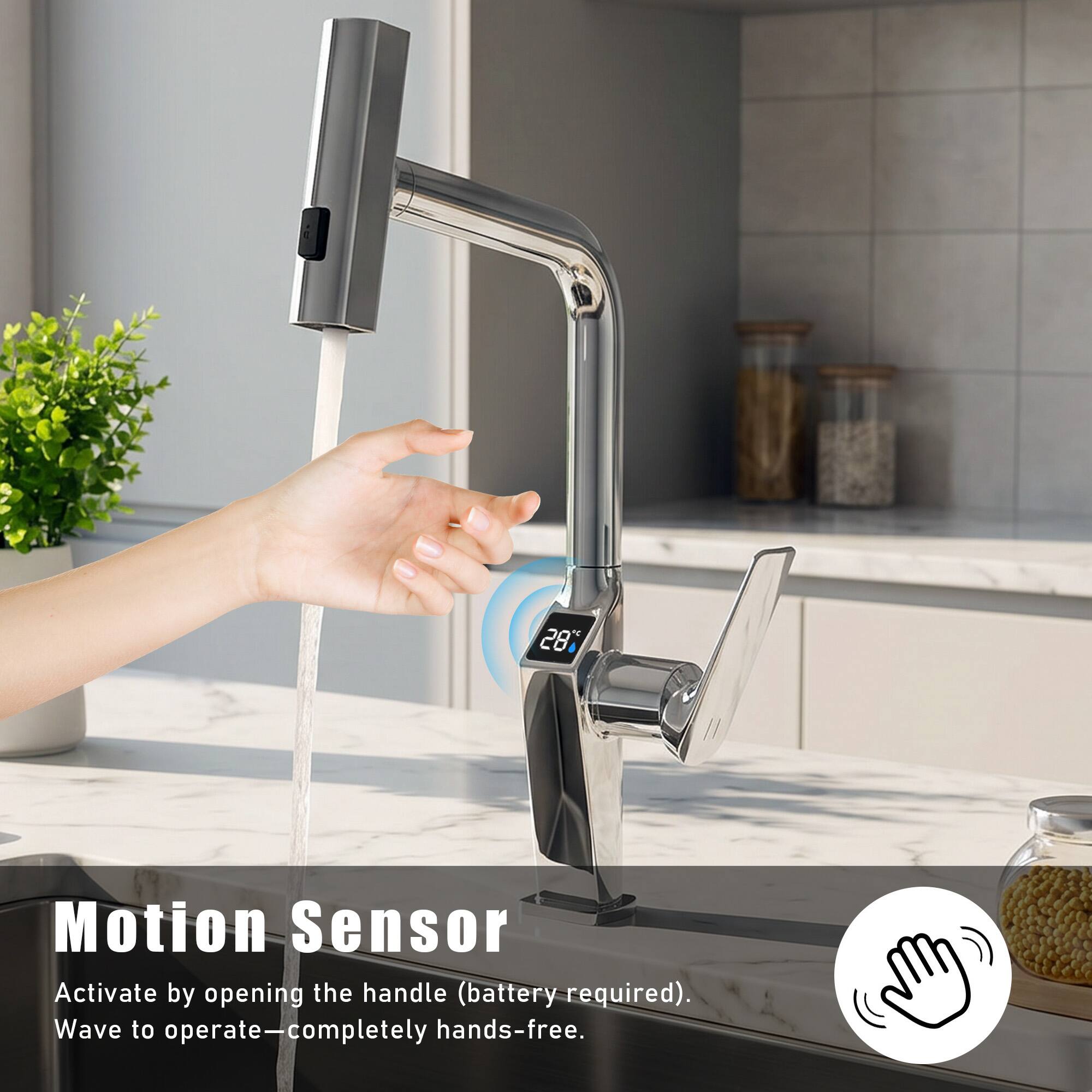 Motion Sensor  
Activate by opening the handle (battery required).  
Wave to operate—completely hands-free.
