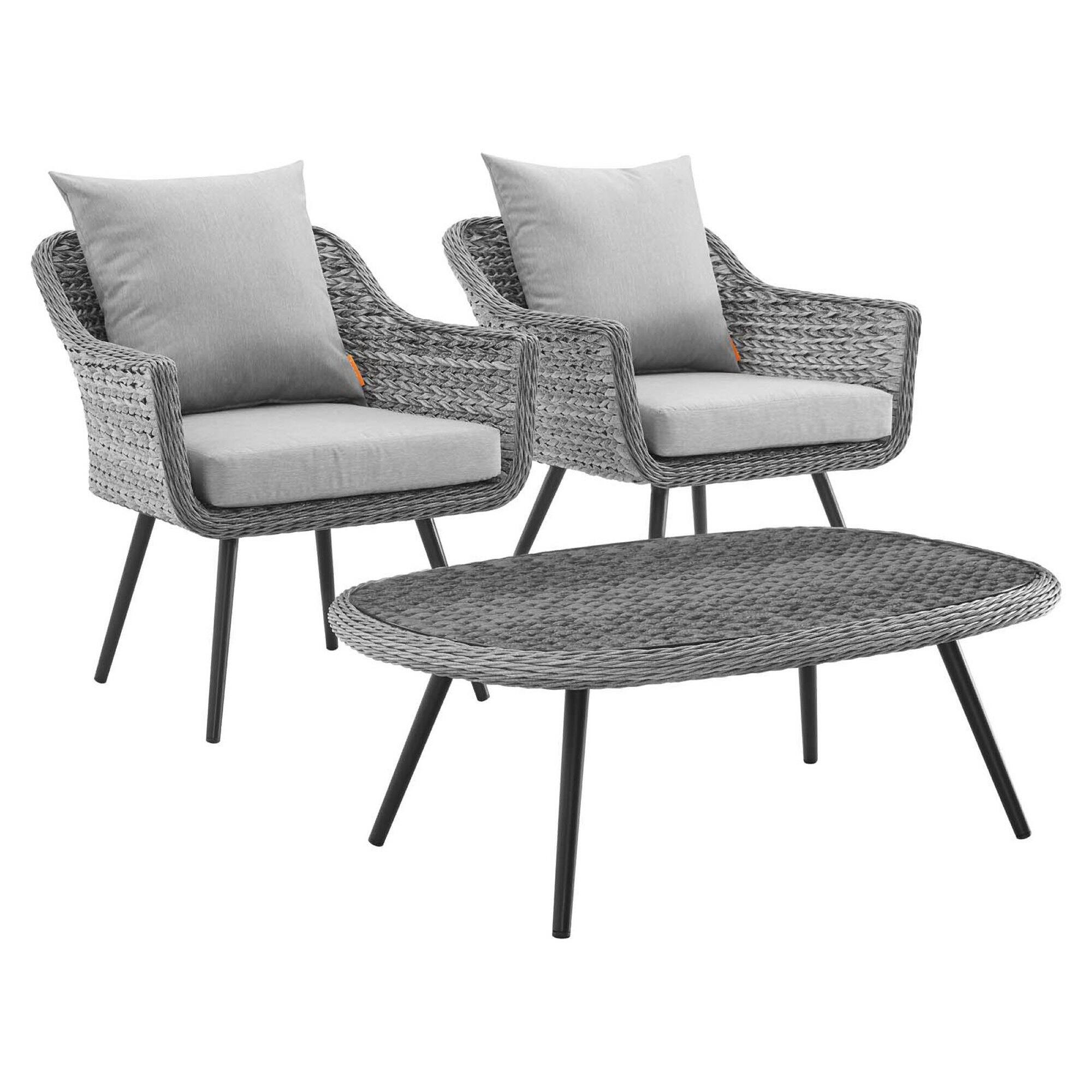 Angle. Modway - Endeavor 3 Piece Outdoor Patio Wicker Rattan Armchair and Coffee Table Set by Modway - Gray Gray.