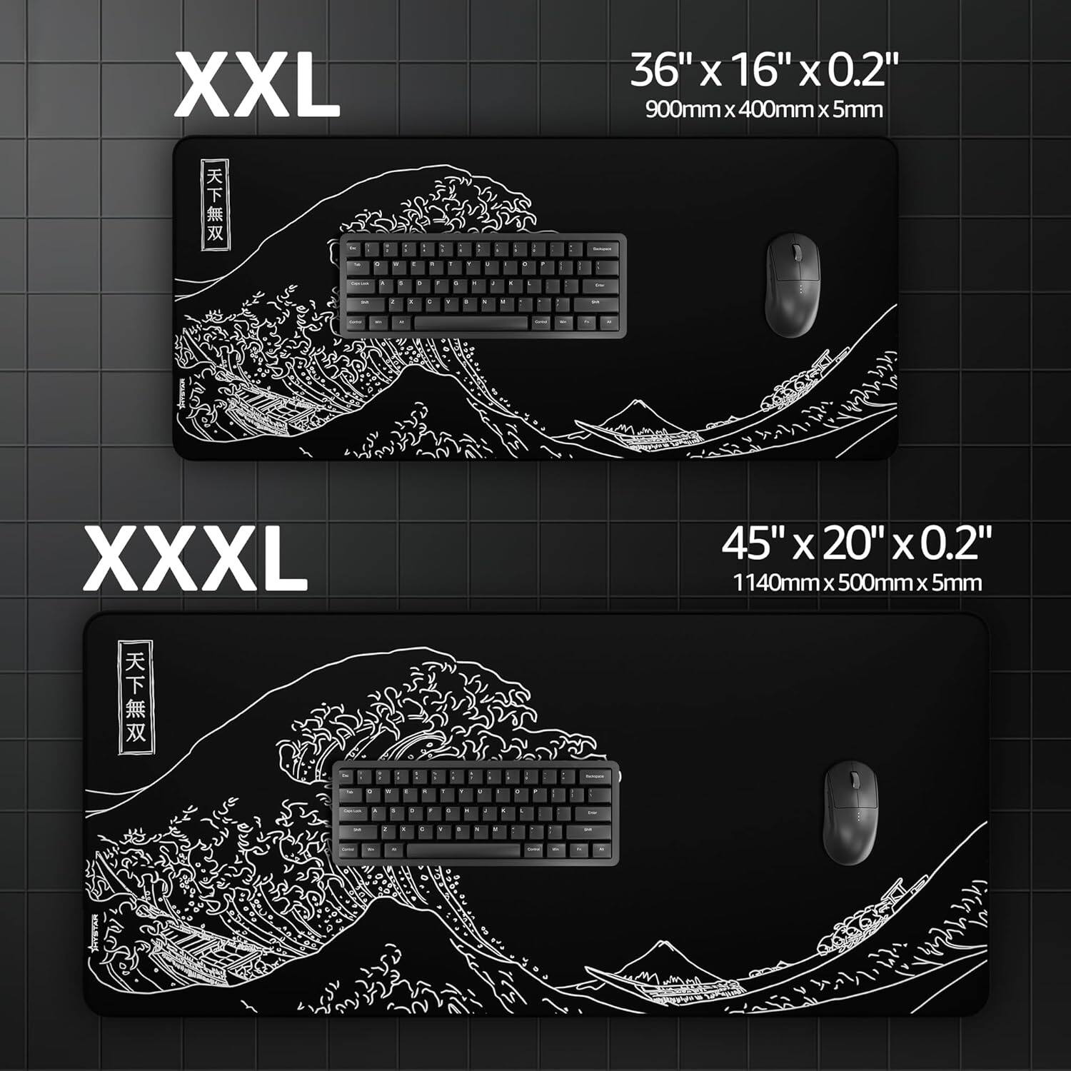XXL  
36" x 16" x 0.2"  
900mm x 400mm x 5mm  

XXXL  
45" x 20" x 0.2"  
1140mm x 500mm x 5mm