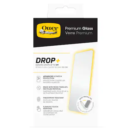 Otter Premium Glass BOX Verre Premium DROP + SURVIVES DROPS UP TO 3FT RSISTE DES CHUTES DE MAX 90 M ADVANCED SCRATCH PROTECTION PROTECTION CONTRE LES RAYURES AVANCE MADE WITH MORE THAN 60% RECYCLED MATERIAL FABRIQU AVEC PLUS DE 60% DE PLASTIQUE RECYCL FINGERPRINT RESISTANT EVITE LES TRACES DE DOIGTS FLAWLESS TOUCH RESPONSE SENSIBILIT INFAILLIBLE AU CONTACT DE VOTRE DOIGT EASY INSTALL KIT KIT FOURNI DINSTALLATION FACILE