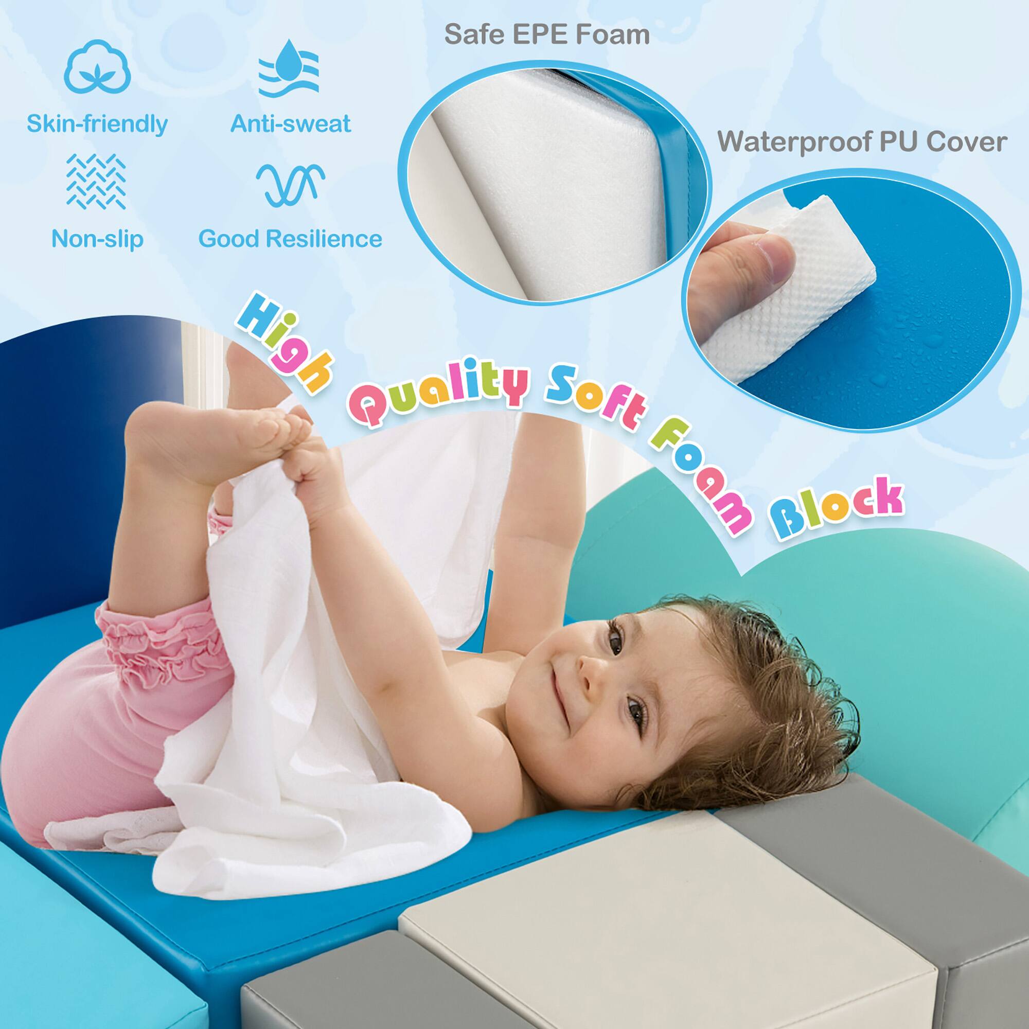 Safe EPE Foam  
Skin-friendly  
Anti-sweat  
Waterproof PU Cover  
Non-slip  
Good Resilience  
High Quality Soft Foam Block