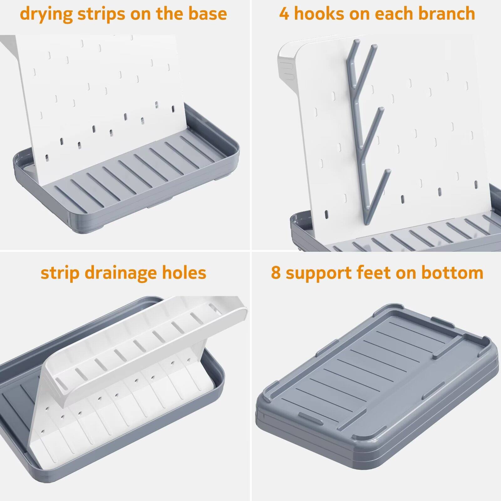 - drying strips on the base
- 4 hooks on each branch
- strip drainage holes
- 8 support feet on bottom