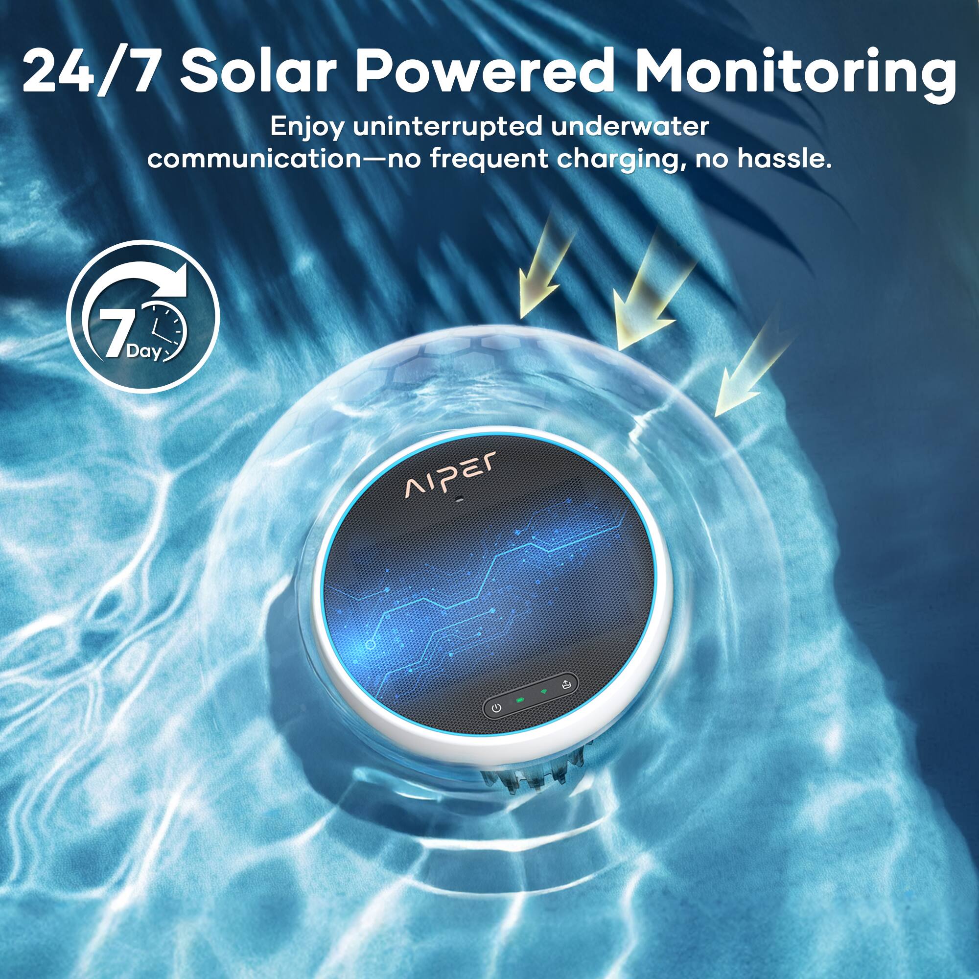 24/7 Solar Powered Monitoring
Enjoy uninterrupted underwater communication—no frequent charging, no hassle.
7 Day AIPEr