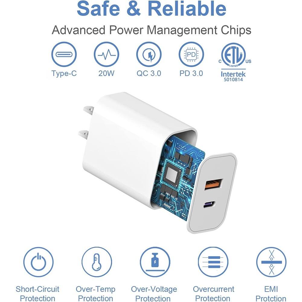 Safe & Reliable  
Advanced Power Management Chips  

Type-C  
20W  
QC 3.0  
PD 3.0  
ETL  
US LISTED  
Intertek 5010814  

Short-Circuit Protection  
Over-Temp Protection  
Over-Voltage Protection  
Overcurrent Protection  
EMI Protection