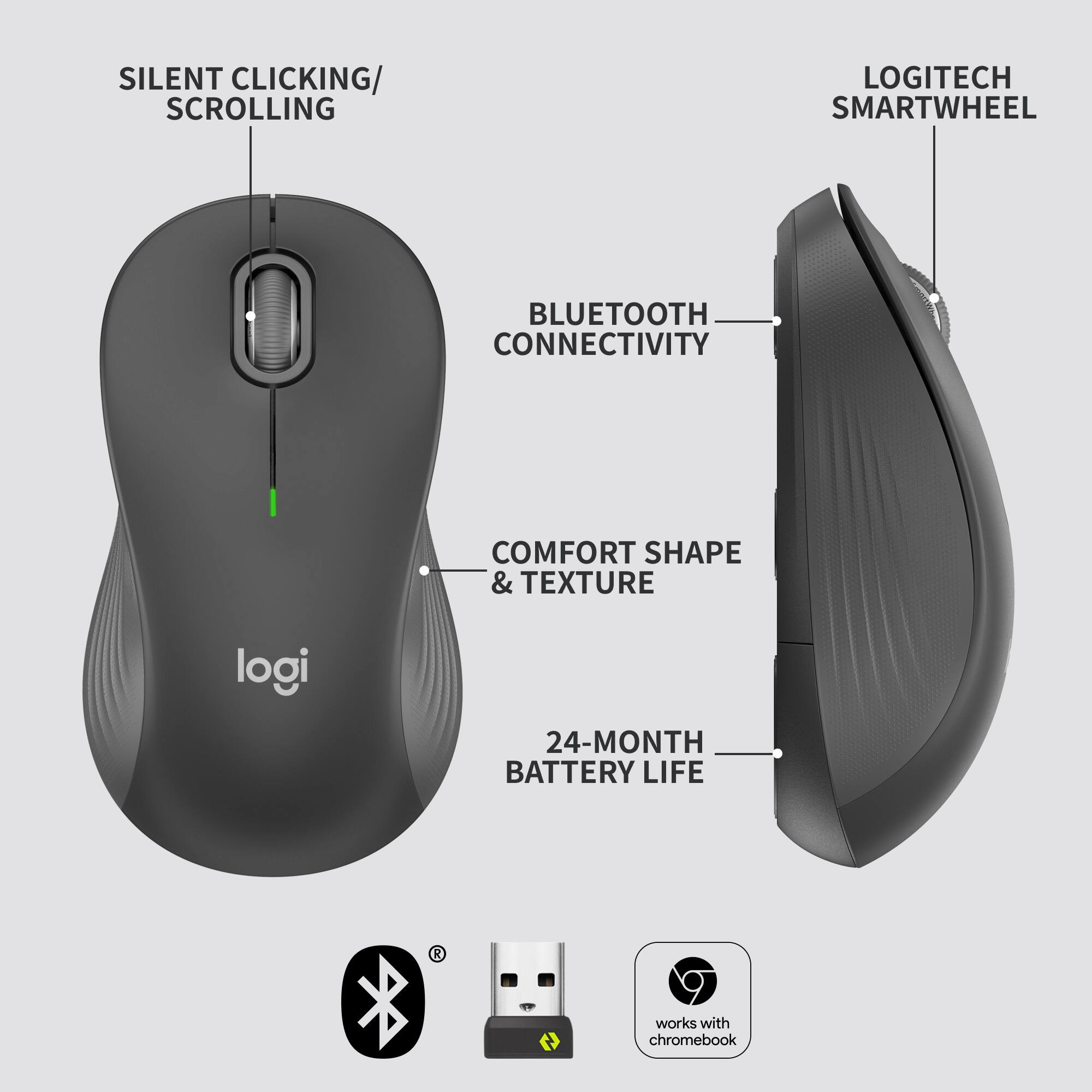 The image features a Logitech computer mouse with a USB dongle. The mouse has a 24-month battery life and is compatible with Chromebooks. It also has a blue tooth connectivity feature, which allows for silent clicking and scrolling. The mouse is designed with a comfortable shape and texture, providing a pleasant user experience.