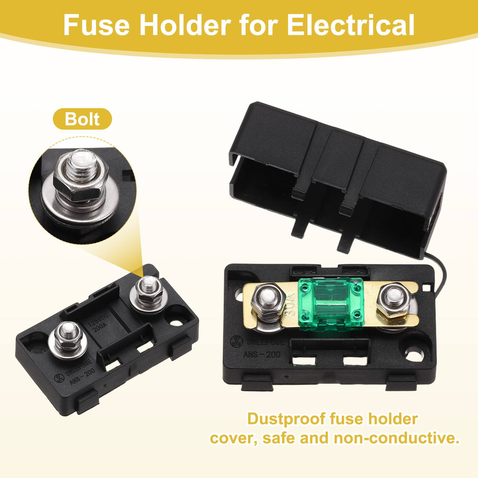Fuse Holder for Electrical Bolt 125VDG 200A SNEEPUSE USE ANS-200 200 ANS HO 3 SEEPIA USE ANS-200 200 Dustproof fuse holder cover, safe and non-conductive.