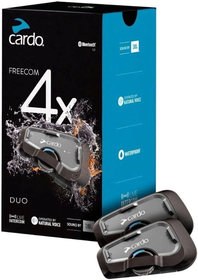 cardo  
Bluetooth 5.2  
FREECOM 4x  
SOUND BY JBL  
OPERATED BY NATURAL VOICE  
WATERPROOF  
DUO  
(100) LIVE INTERCOM  
OPERATED BY NATURAL VOICE  
SOUND BY JBL